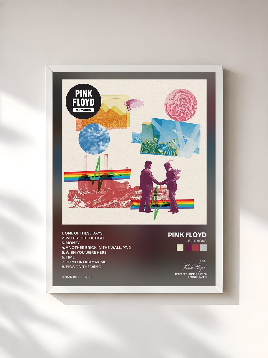 #blanc Tableau de l'album 8-Tracks de Pink Floyd, cadre blanc, imprimé et encadré en France