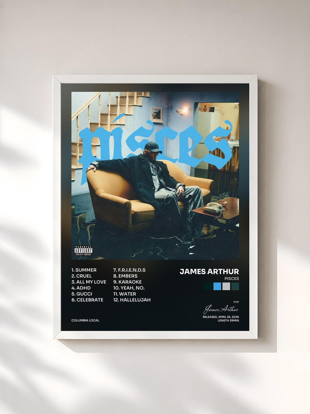 #blanc Tableau de l'album PISCES de James Arthur, cadre blanc, imprimé et encadré en France