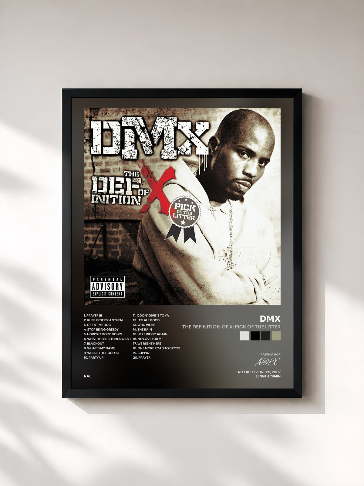 #noir Tableau de l'album The Definition Of X: Pick Of The Litter de DMX, cadre noir, imprimé et encadré en France