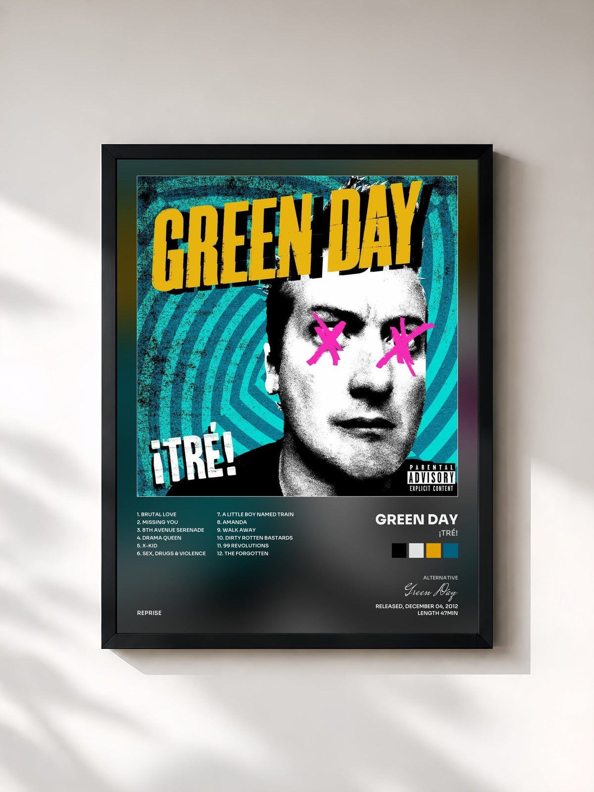#noir ¡TRÉ! de Green Day en lámina enmarcada, marco negro, impresa y enmarcada en Francia