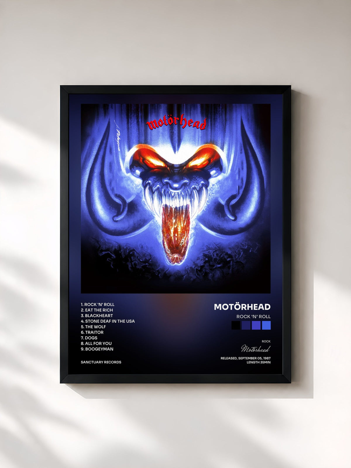 #noir Tableau de l'album Rock 'n' Roll de Motörhead, cadre noir, imprimé et encadré en France