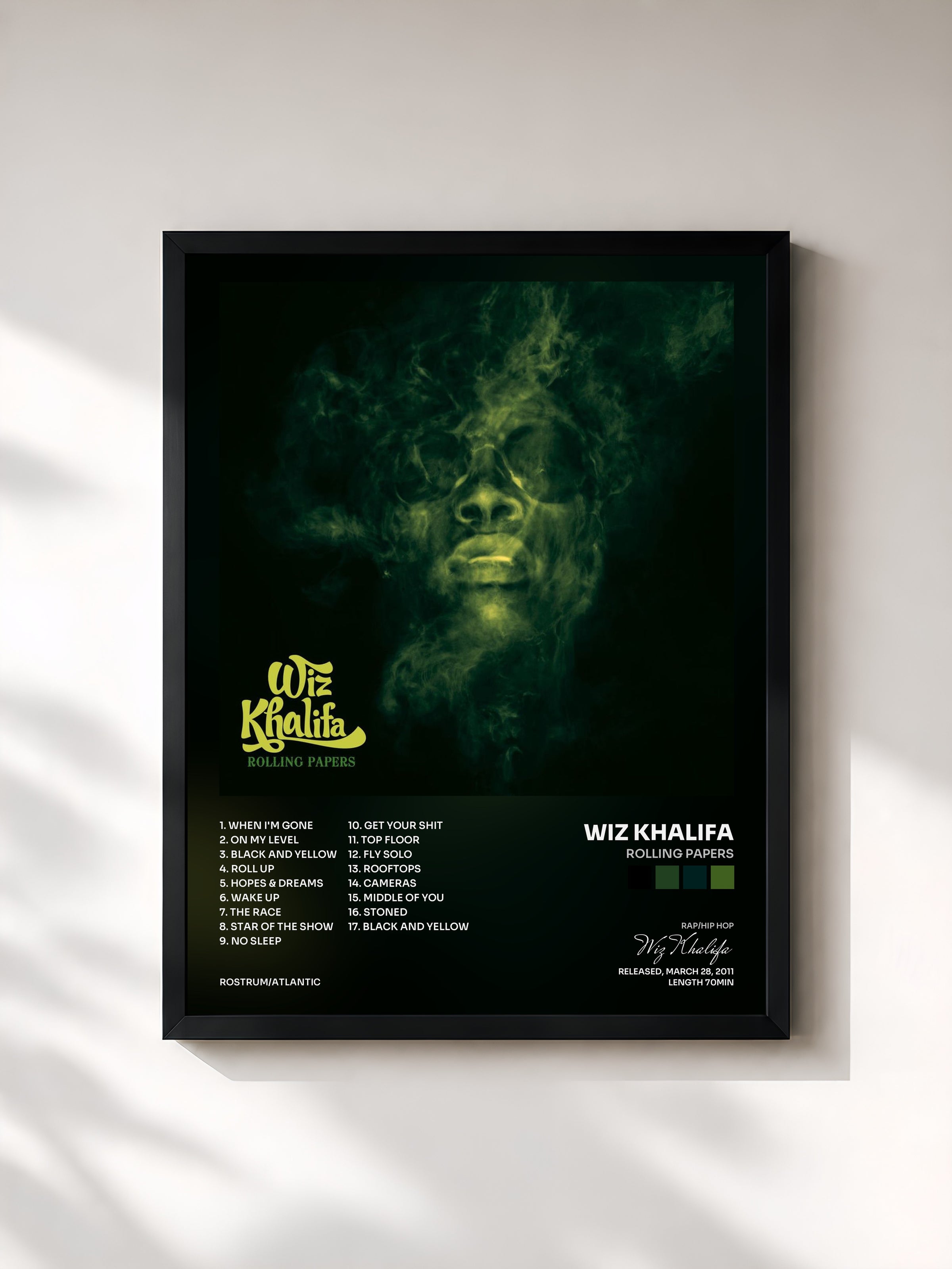 #noir Rolling Papers de Wiz Khalifa en lámina enmarcada, marco negro, impresa y enmarcada en Francia