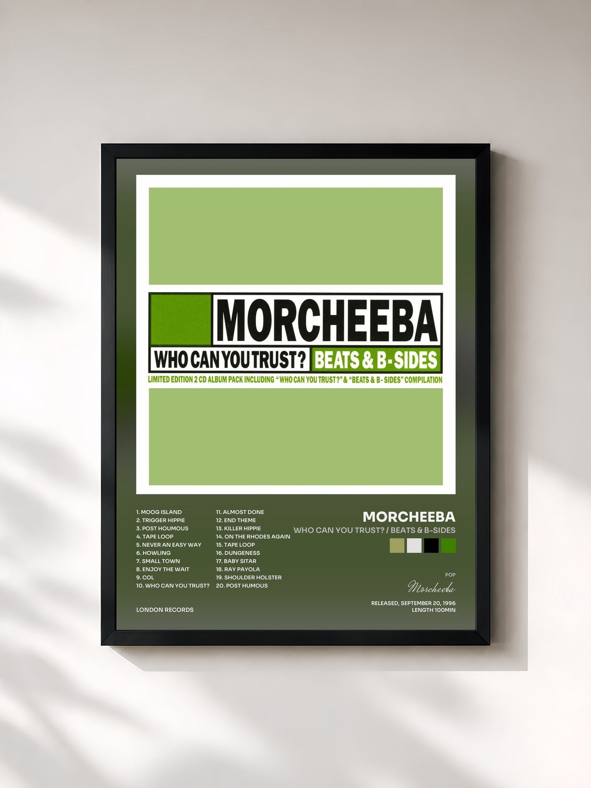 #noir Tableau de l'album Who Can You Trust? / Beats & B-Sides de Morcheeba, cadre noir, imprimé et encadré en France