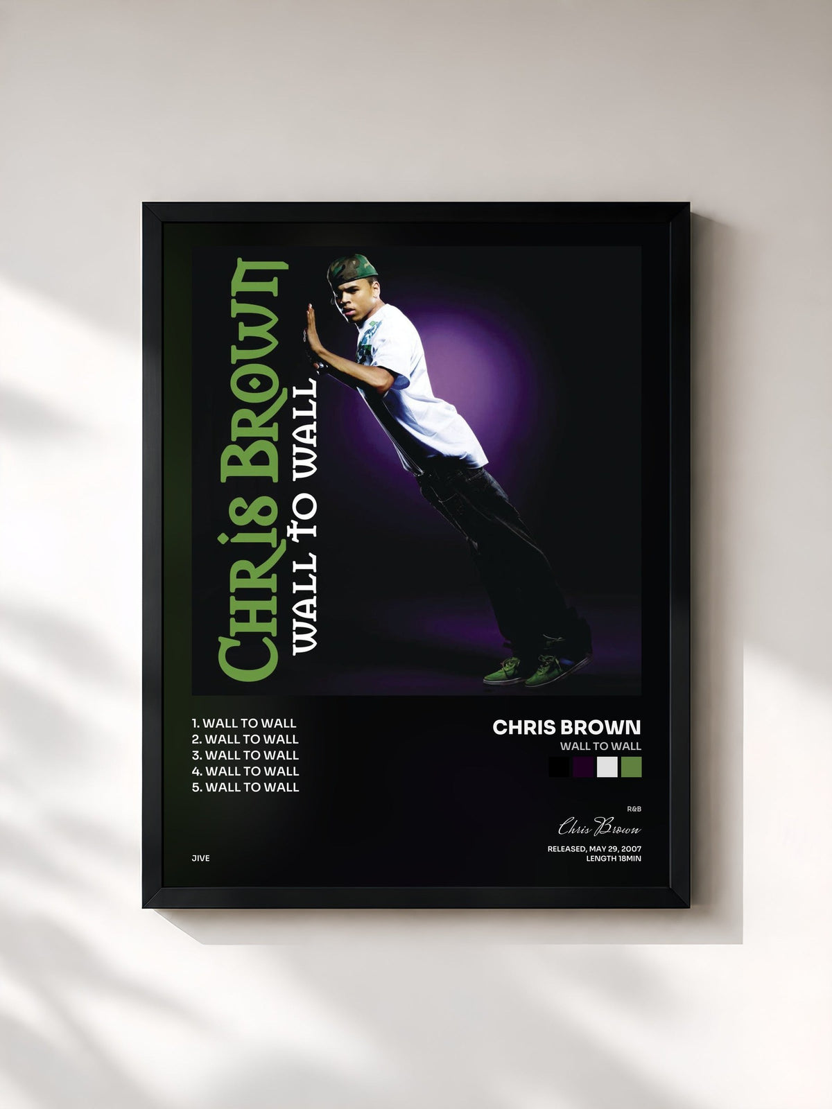 #noir Tableau de l'album Wall To Wall de Chris Brown, cadre noir, imprimé et encadré en France