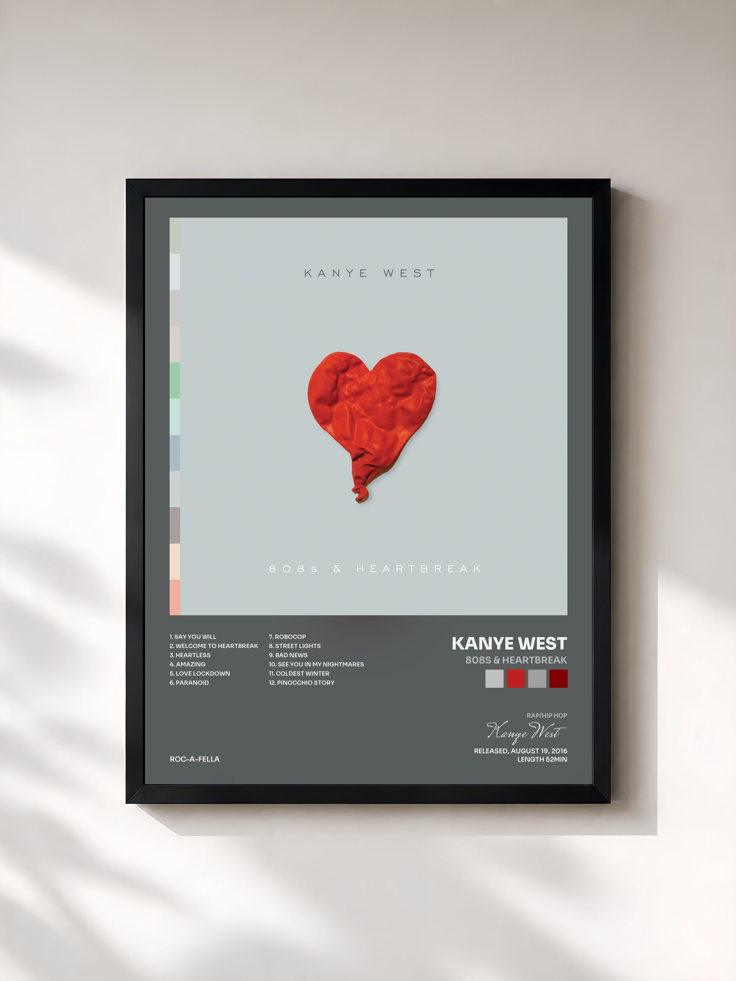 #noir Tableau de l'album 808s & Heartbreak de Kanye West, cadre noir, imprimé et encadré en France