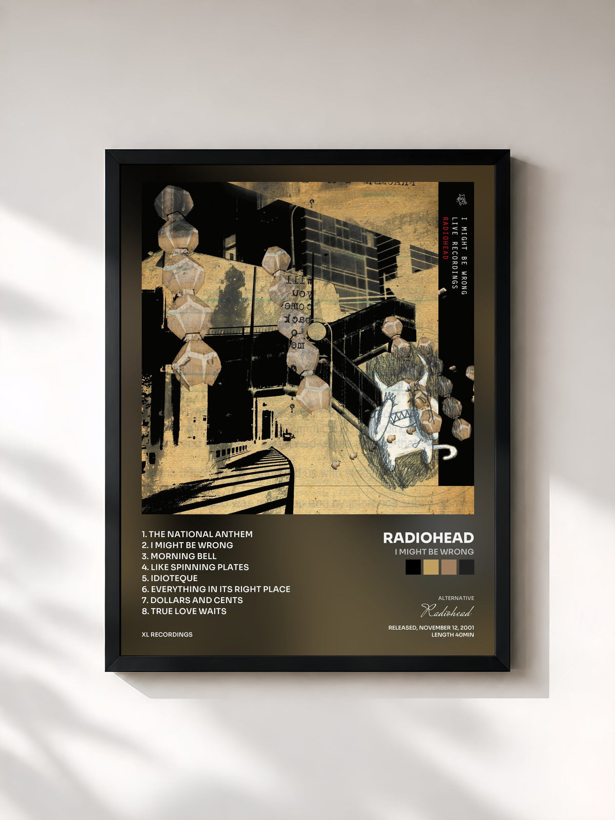 #noir Tableau de l'album I Might Be Wrong de Radiohead, cadre noir, imprimé et encadré en France