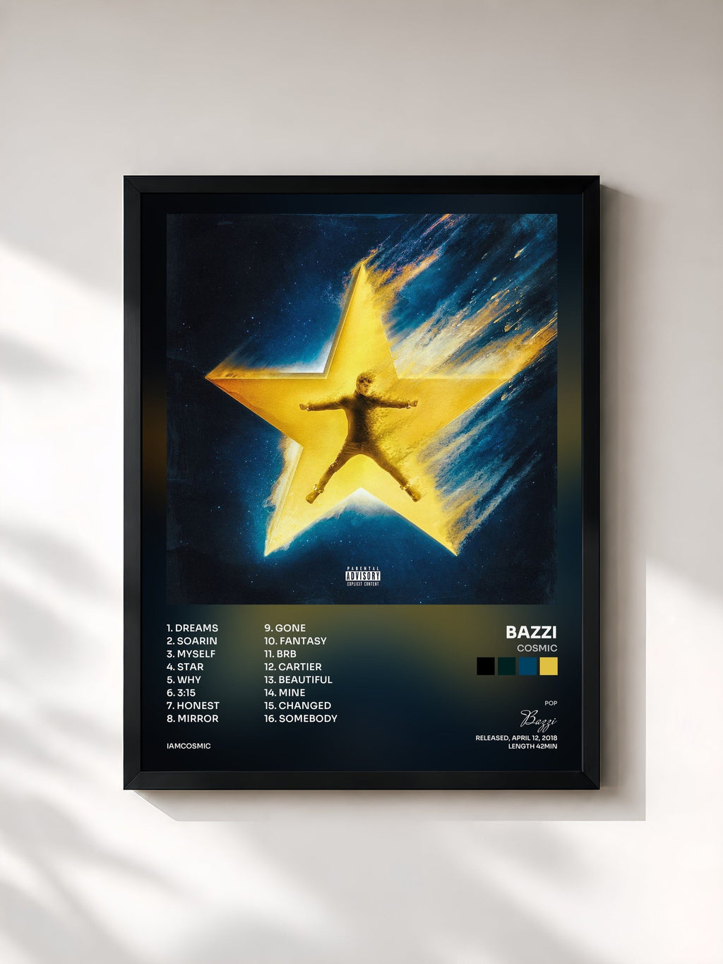 #noir Tableau de l'album COSMIC de Bazzi, cadre noir, imprimé et encadré en France