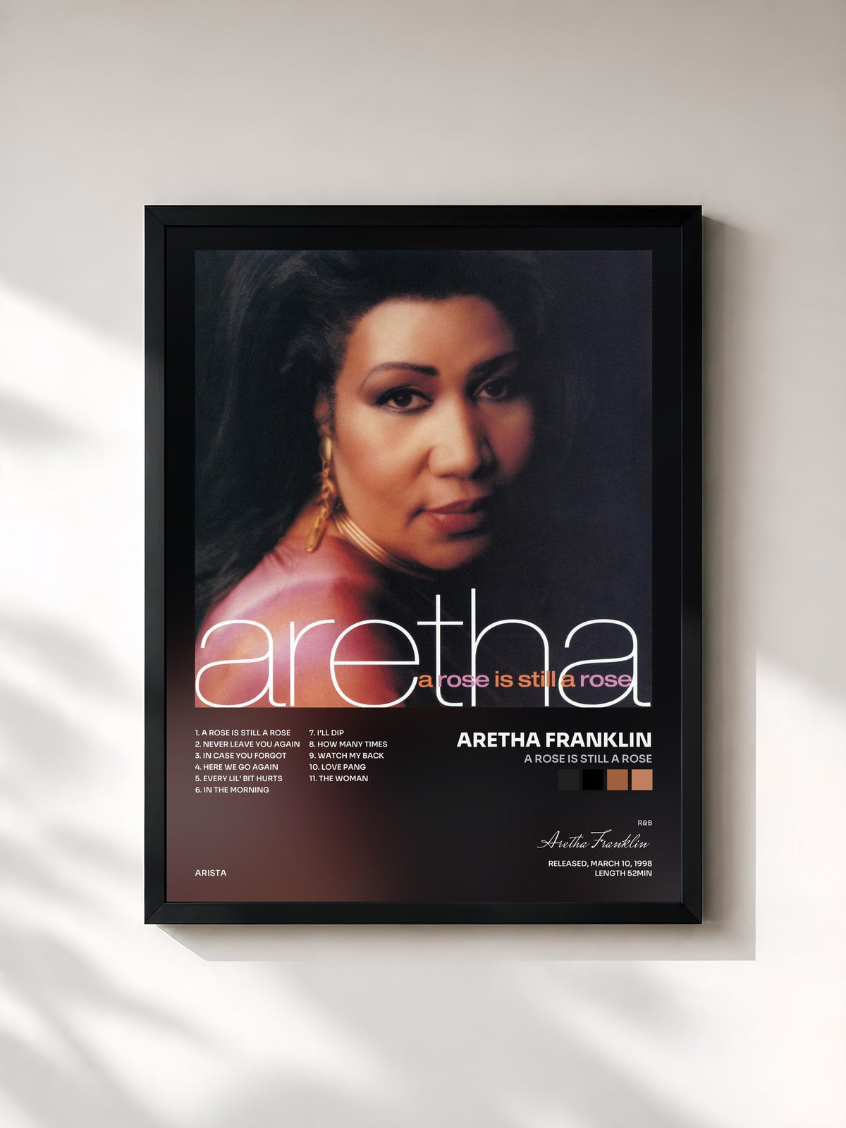 #noir Tableau de l'album A Rose Is Still A Rose de Aretha Franklin, cadre noir, imprimé et encadré en France