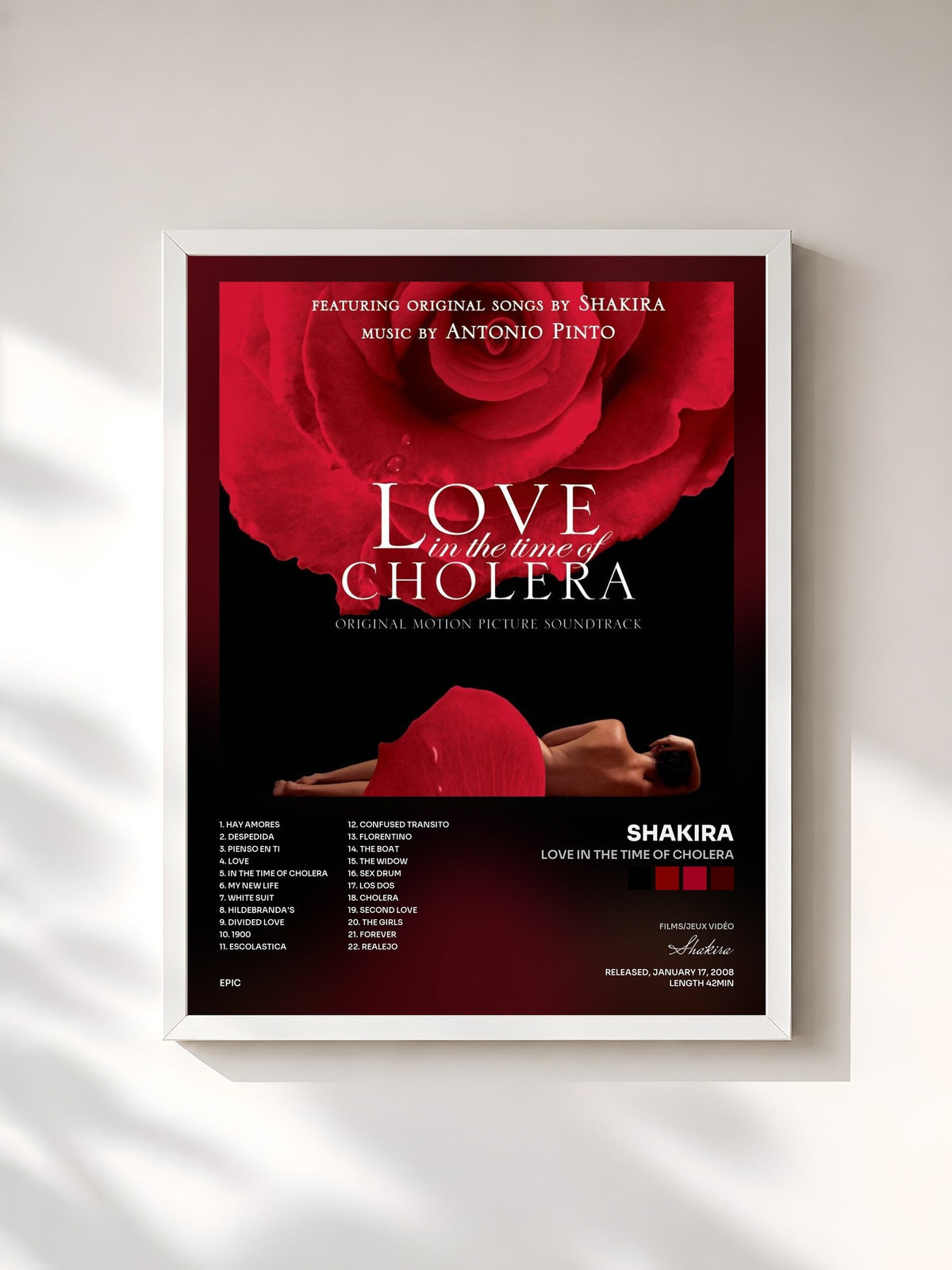 #blanc Tableau de l'album Love In The Time Of Cholera de Shakira, cadre blanc, imprimé et encadré en France