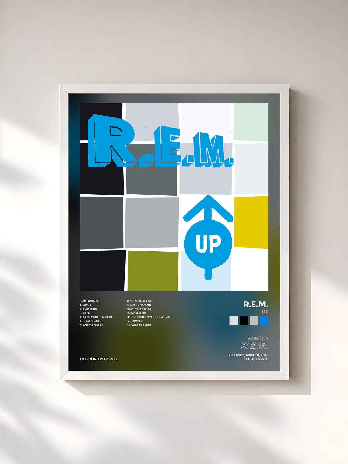 #blanc Tableau de l'album Up de R.E.M., cadre blanc, imprimé et encadré en France