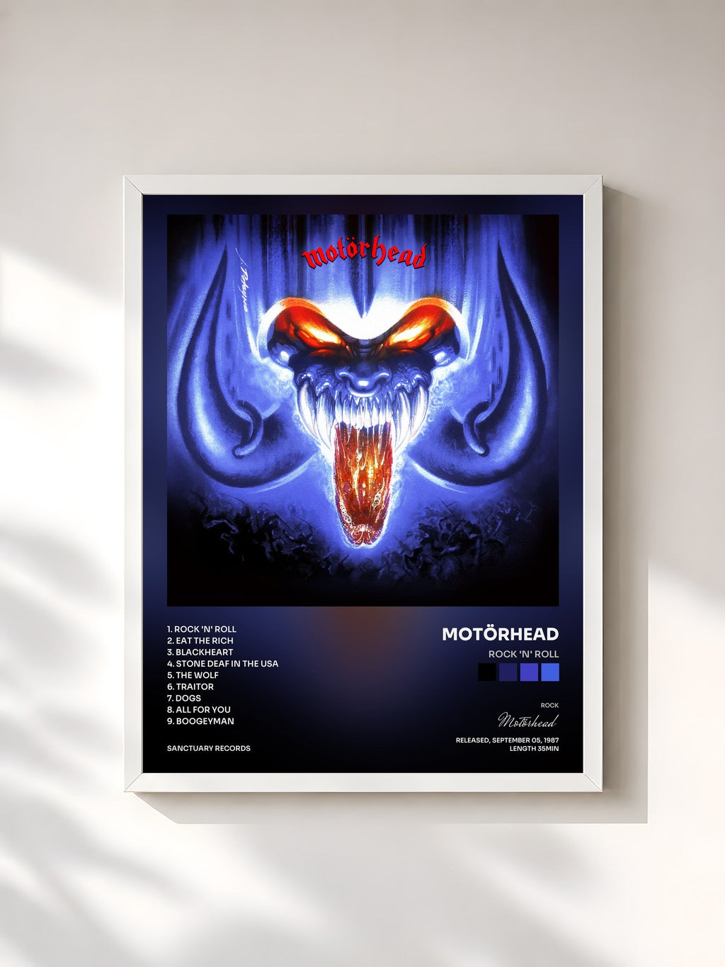 #blanc Tableau de l'album Rock 'n' Roll de Motörhead, cadre blanc, imprimé et encadré en France