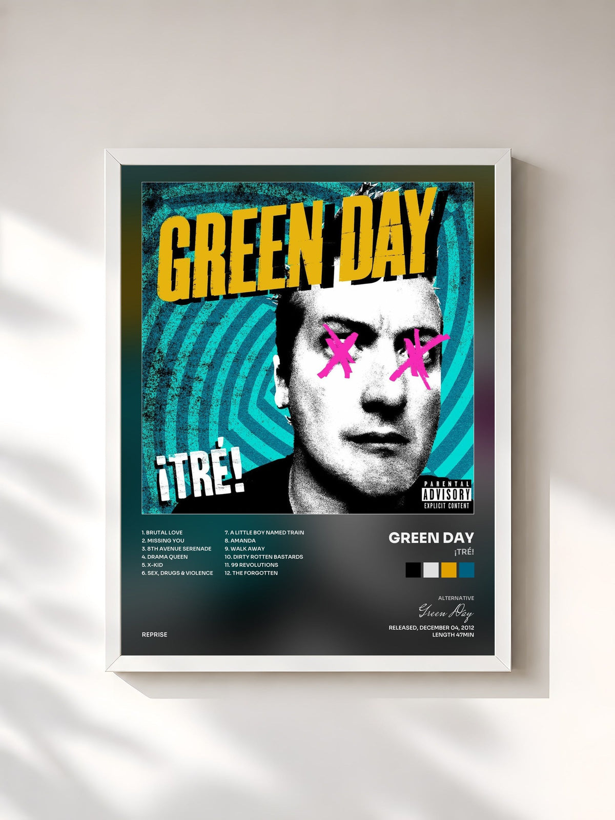 #blanc ¡TRÉ! de Green Day en lámina enmarcada, marco blanco, impresa y enmarcada en Francia