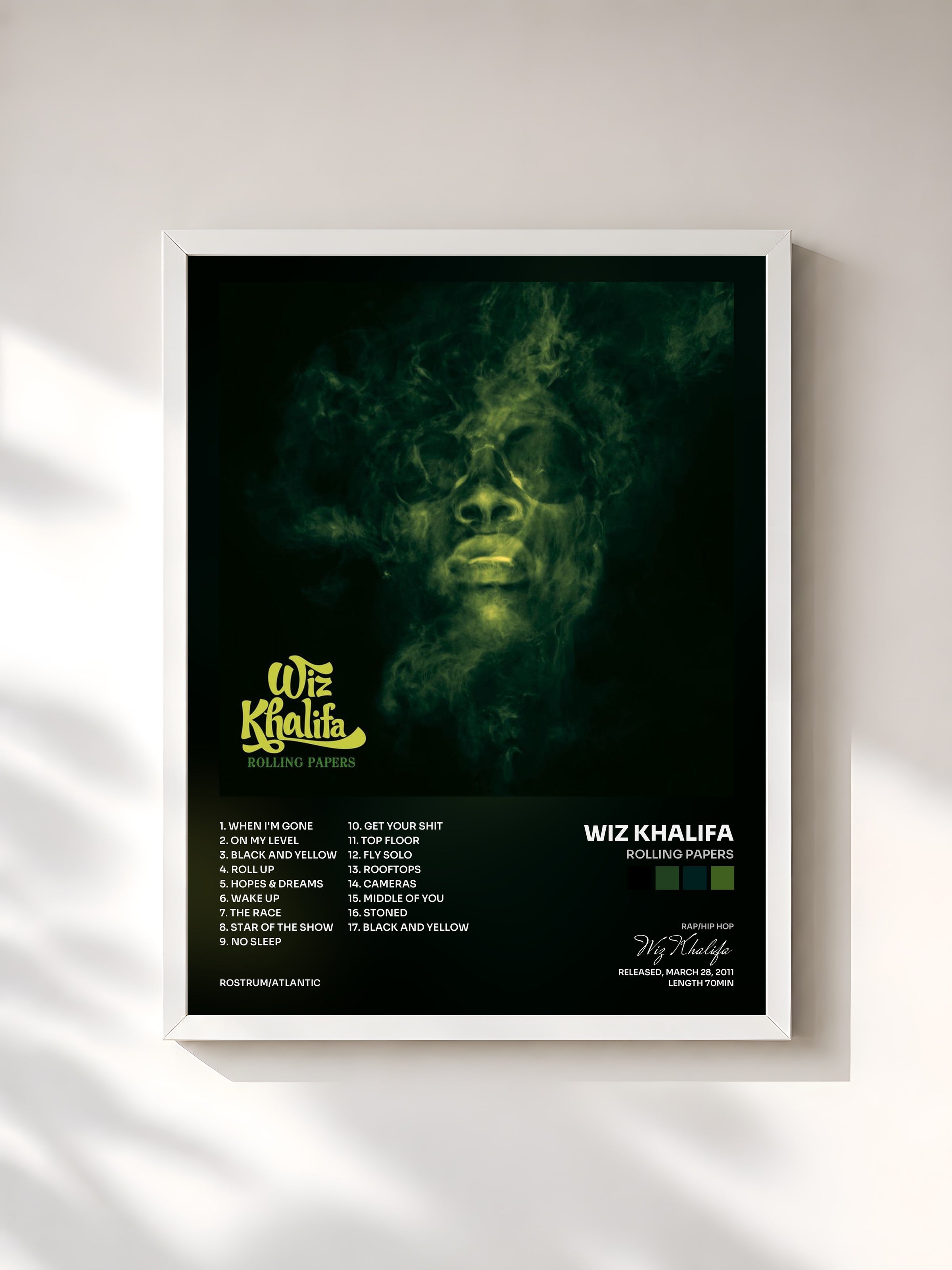 #blanc Rolling Papers de Wiz Khalifa en lámina enmarcada, marco blanco, impresa y enmarcada en Francia