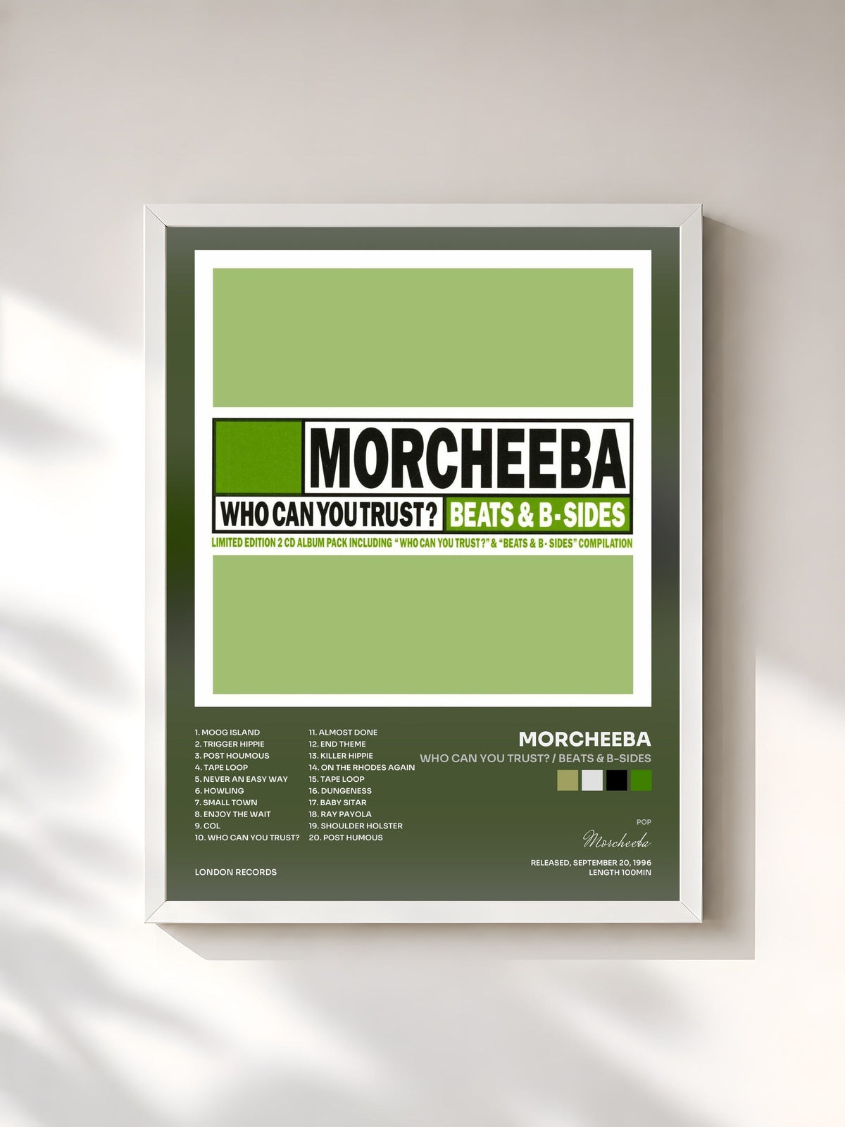 #blanc Tableau de l'album Who Can You Trust? / Beats & B-Sides de Morcheeba, cadre blanc, imprimé et encadré en France