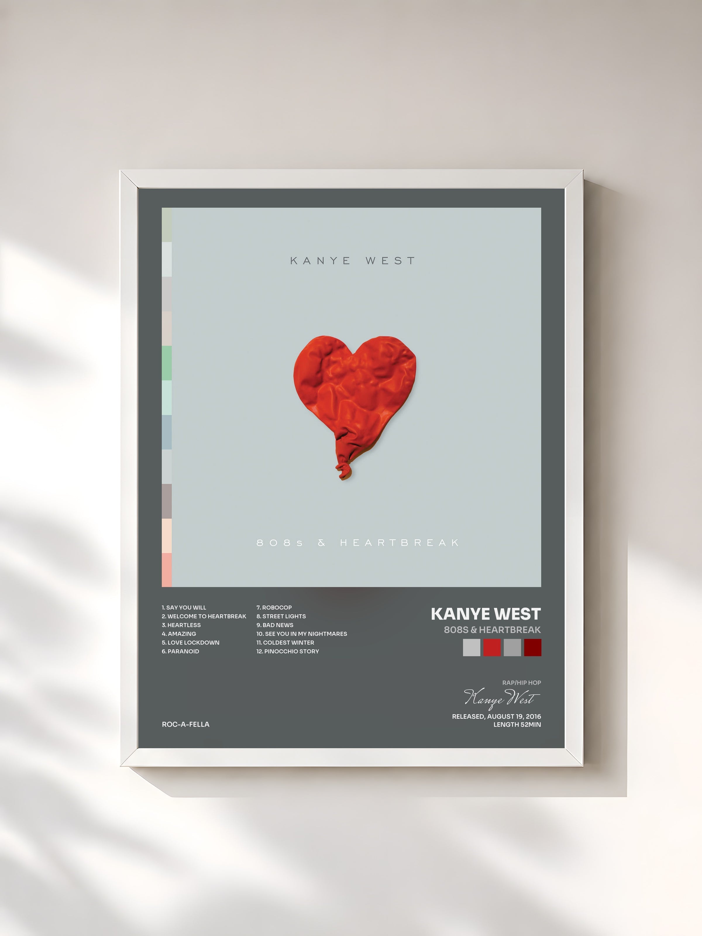 #blanc Tableau de l'album 808s & Heartbreak de Kanye West, cadre blanc, imprimé et encadré en France