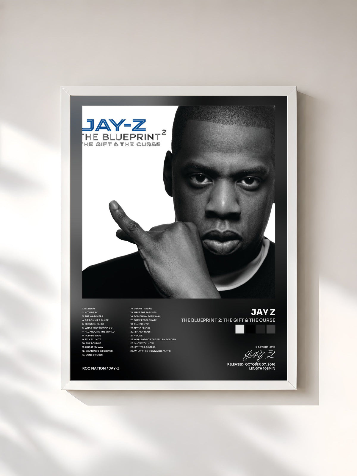#blanc Tableau de l'album The Blueprint 2: The Gift & The Curse de JAY Z, cadre blanc, imprimé et encadré en France