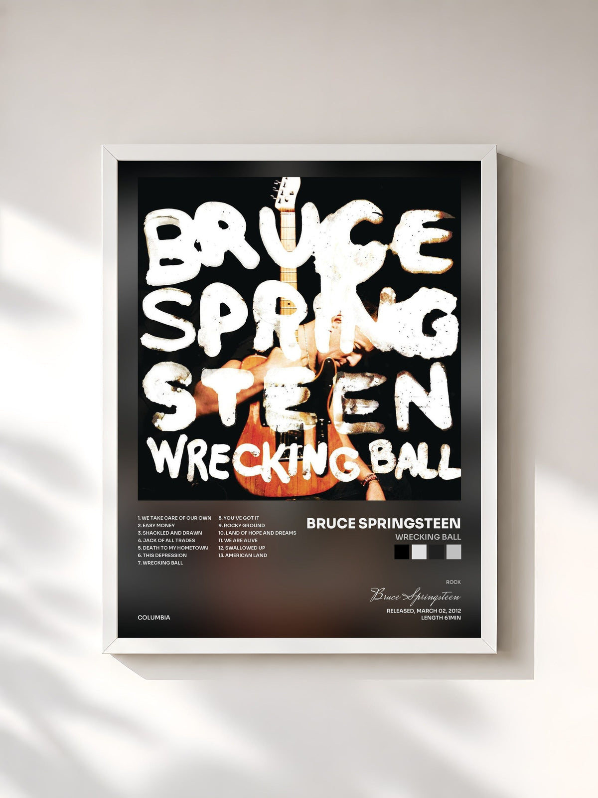 #blanc Tableau de l'album Wrecking Ball de Bruce Springsteen, cadre blanc, imprimé et encadré en France