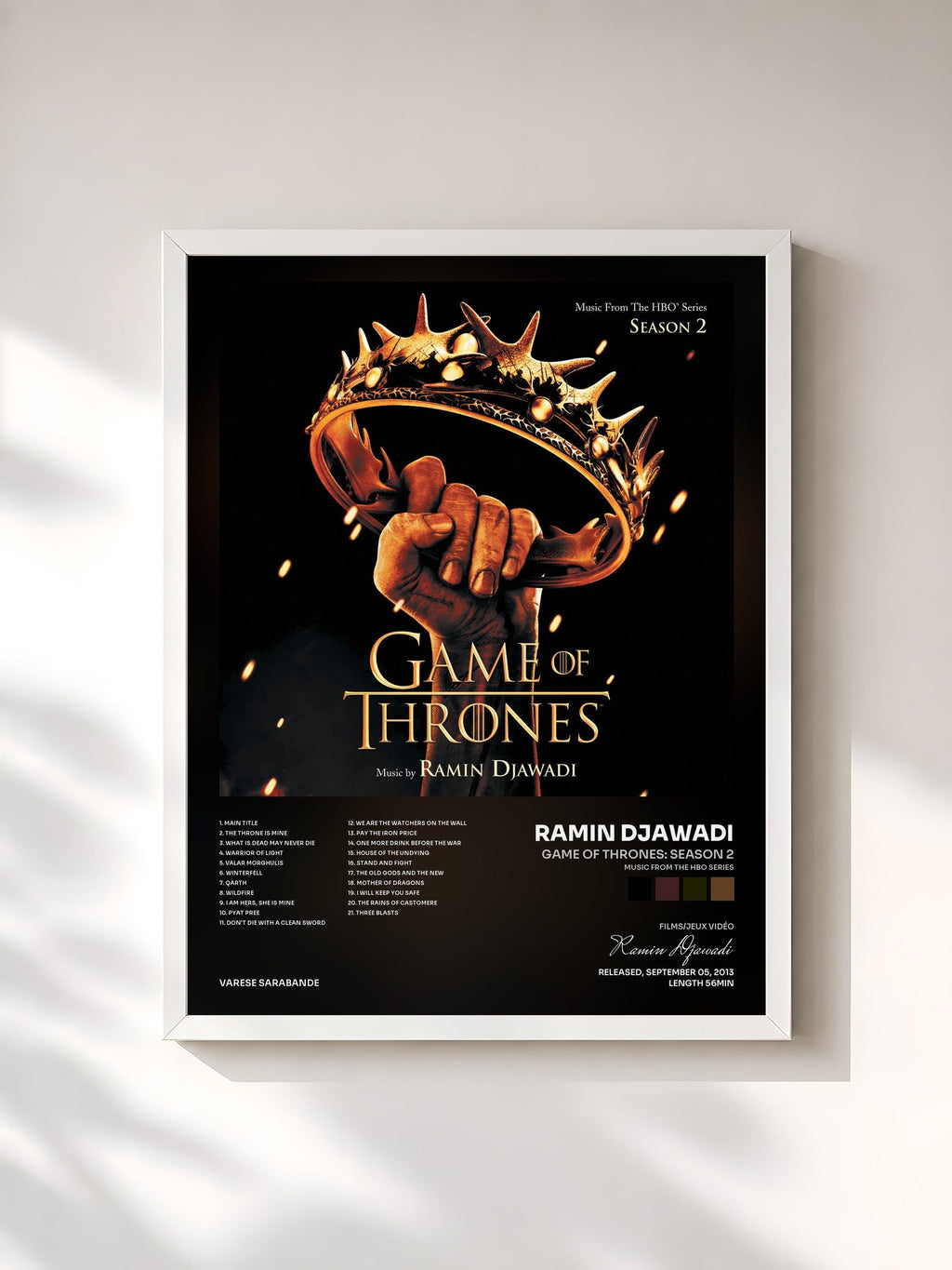 #blanc Game Of Thrones: Season 2 (Music From The HBO Series) by Ramin Djawadi as a framed art print, white frame, printed and framed in France