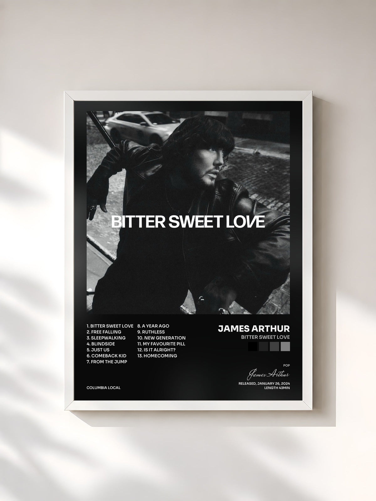 #blanc Bitter Sweet Love de James Arthur en lámina enmarcada, marco blanco, impresa y enmarcada en Francia