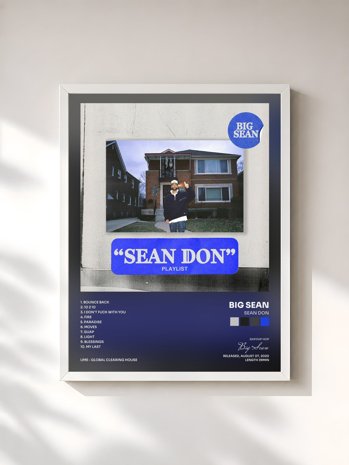 #blanc Tableau de l'album Sean Don de Big Sean, cadre blanc, imprimé et encadré en France