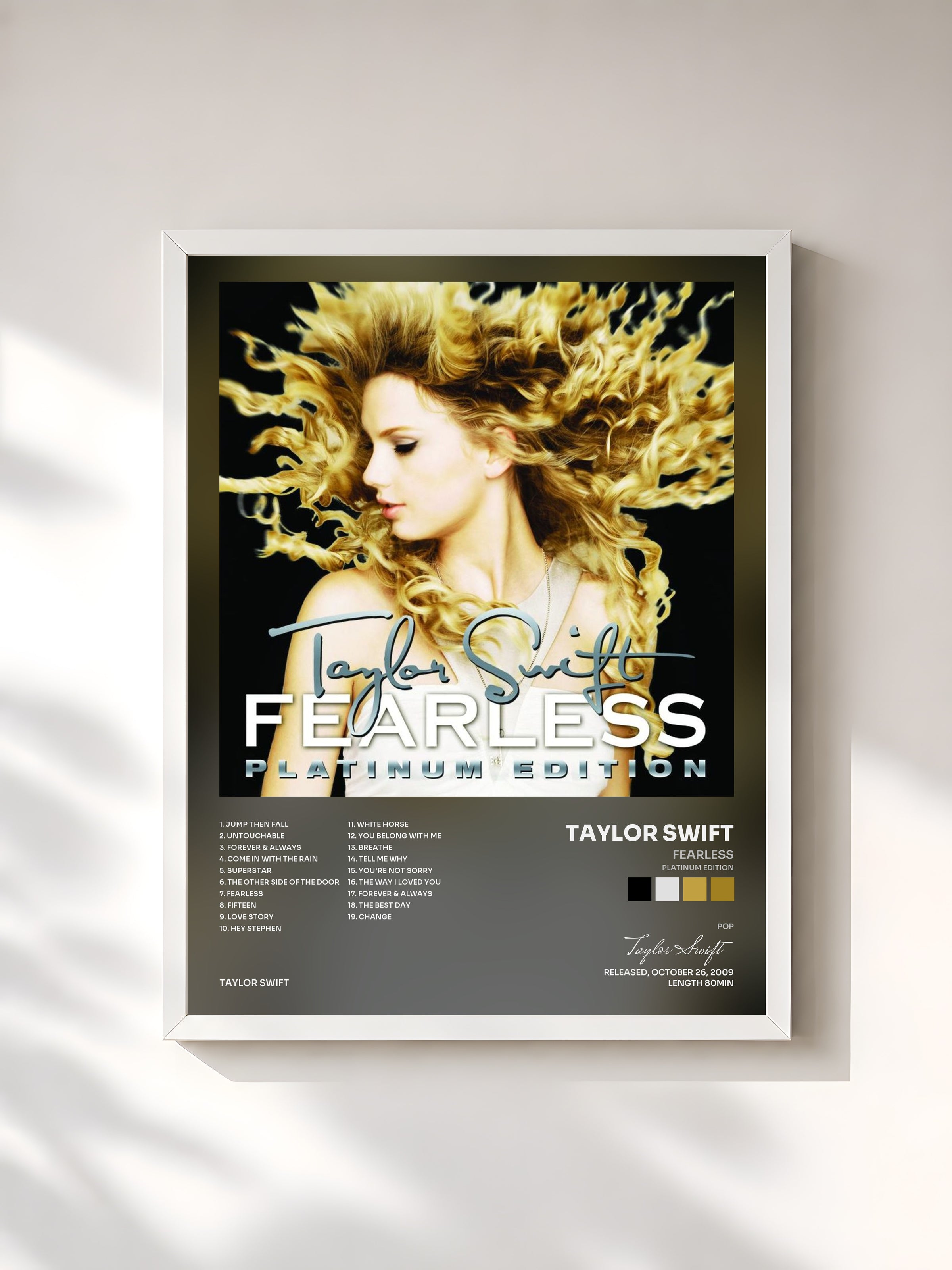 #blanc Tableau de l'album Fearless (Platinum Edition) de Taylor Swift, cadre blanc, imprimé et encadré en France