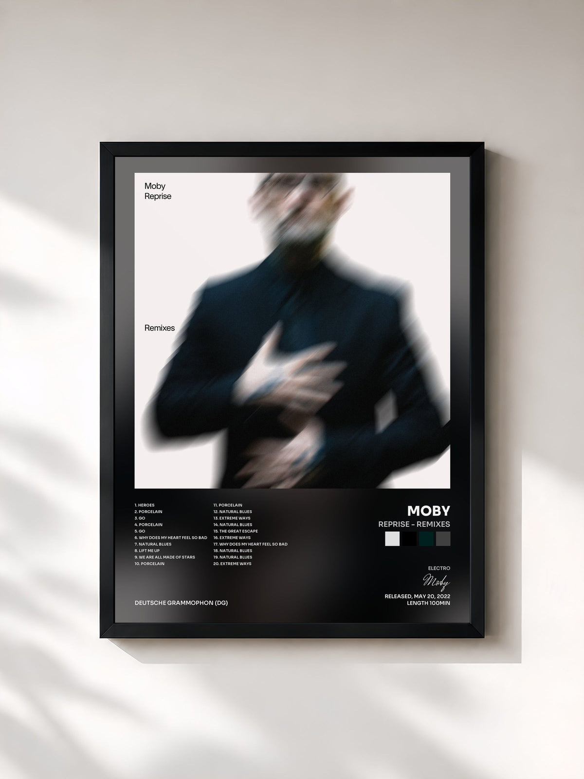 #noir Tableau de l'album Reprise - Remixes de Moby, cadre noir, imprimé et encadré en France