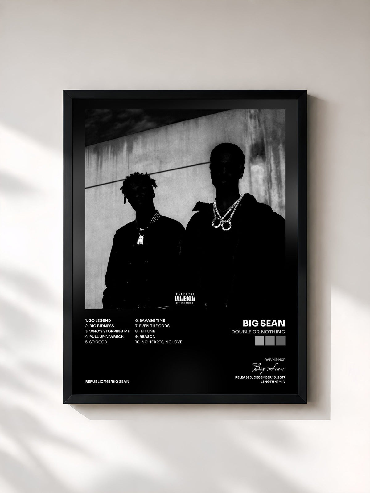 #noir Tableau de l'album Double Or Nothing de Big Sean, cadre noir, imprimé et encadré en France