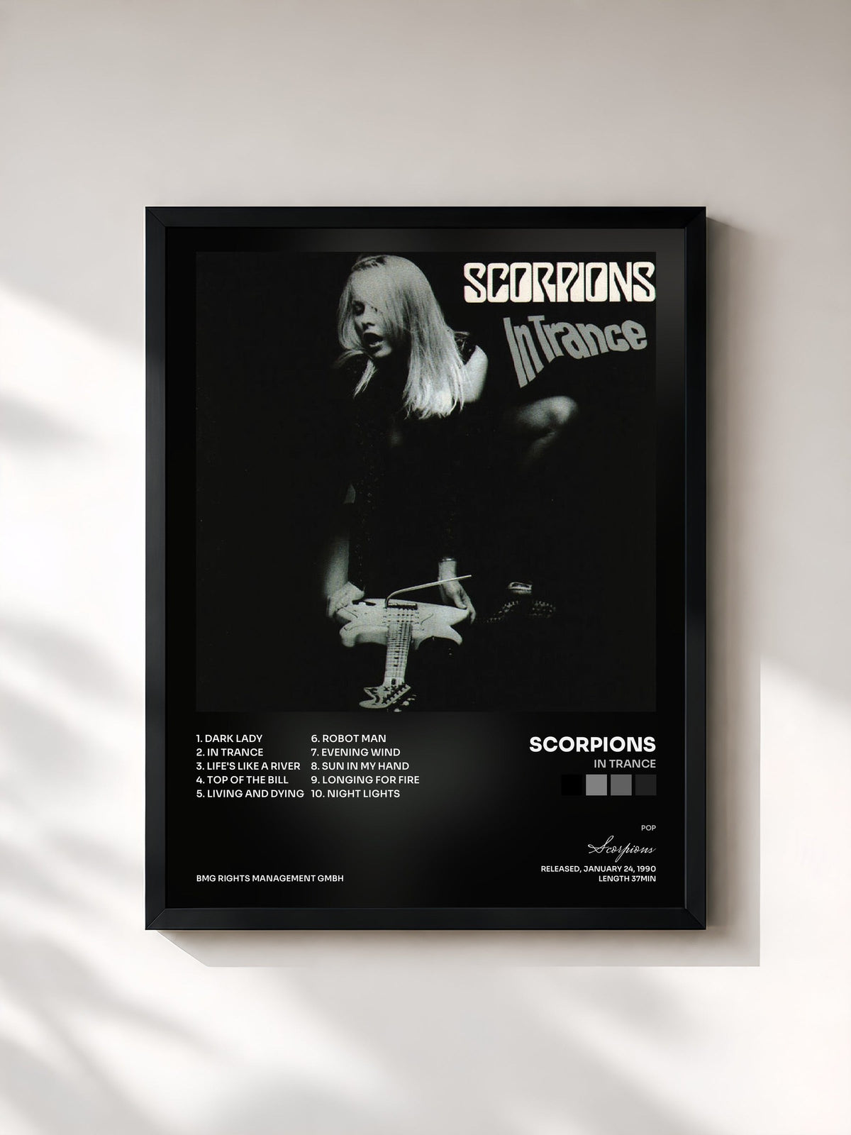 #noir Tableau de l'album In Trance de Scorpions, cadre noir, imprimé et encadré en France