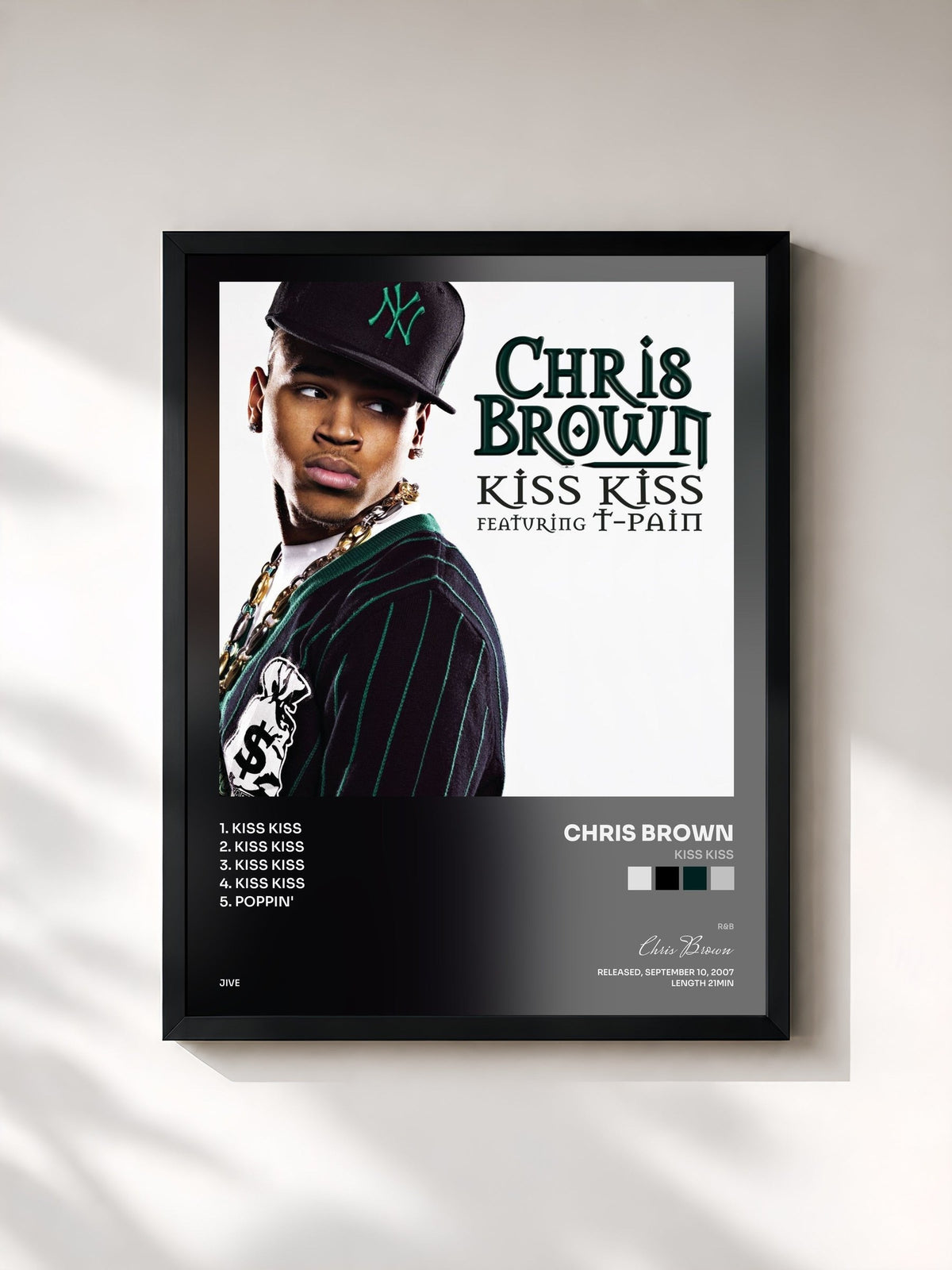 #noir Tableau de l'album Kiss Kiss de Chris Brown, cadre noir, imprimé et encadré en France