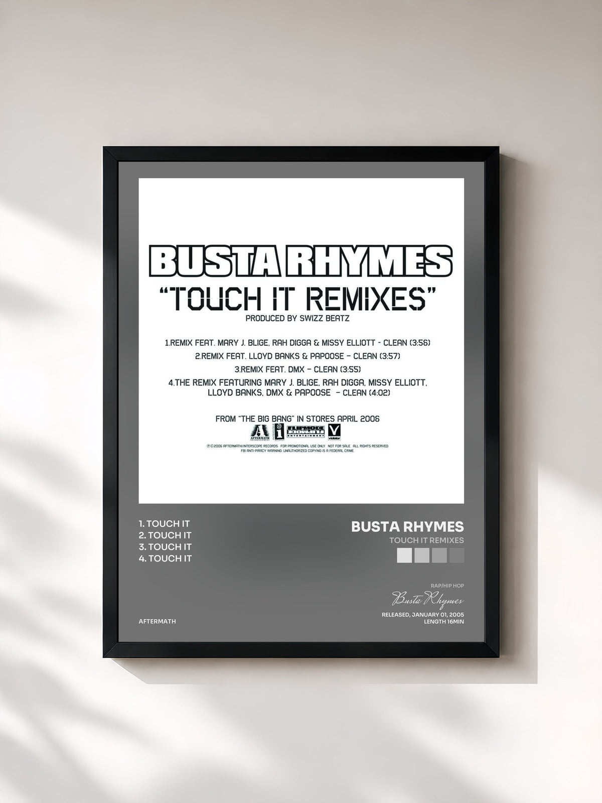 #noir Tableau de l'album Touch It Remixes de Busta Rhymes, cadre noir, imprimé et encadré en France