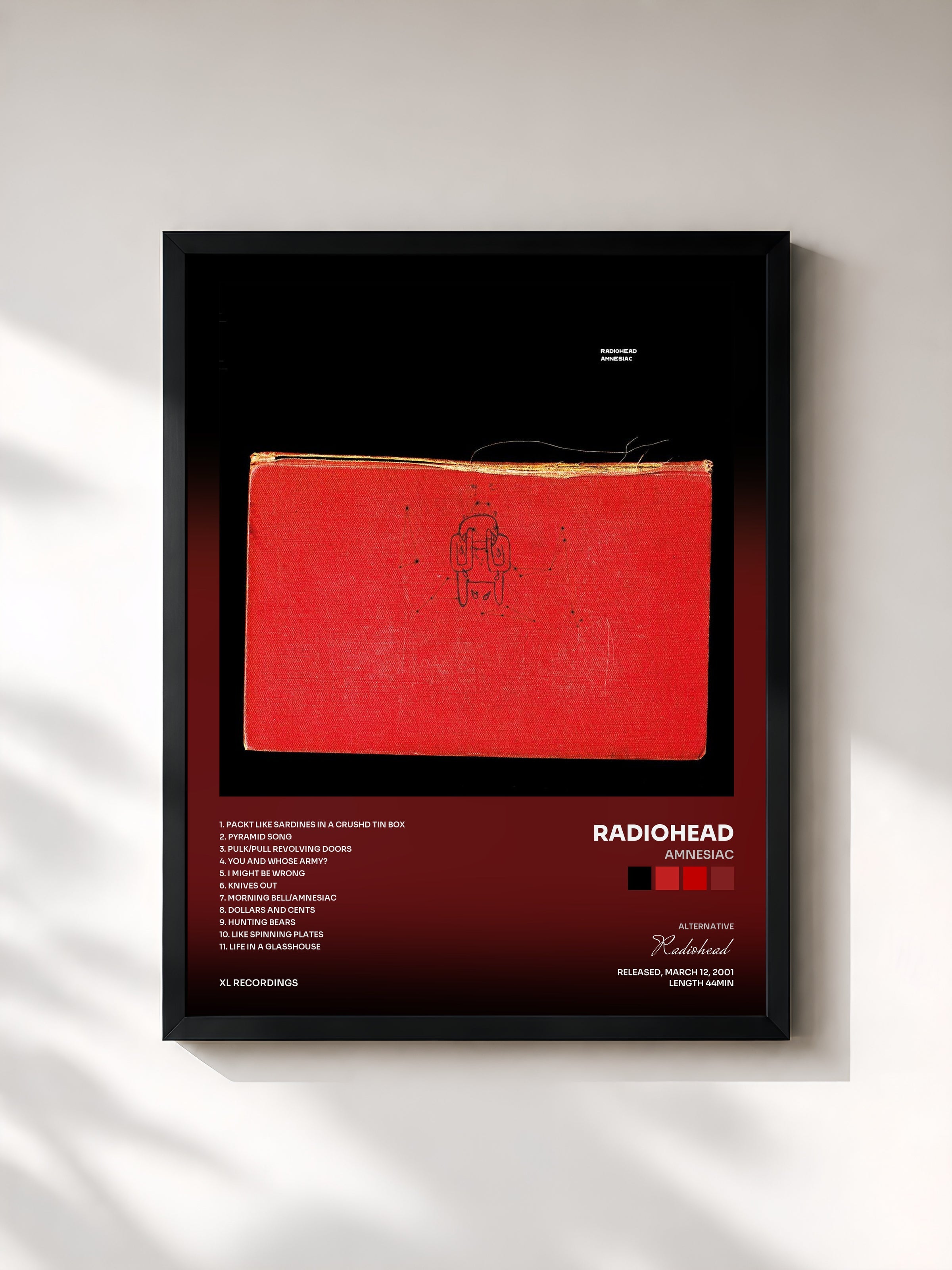 #noir Amnesiac de Radiohead en lámina enmarcada, marco negro, impresa y enmarcada en Francia