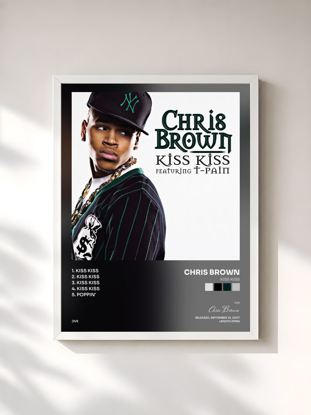 #blanc Tableau de l'album Kiss Kiss de Chris Brown, cadre blanc, imprimé et encadré en France