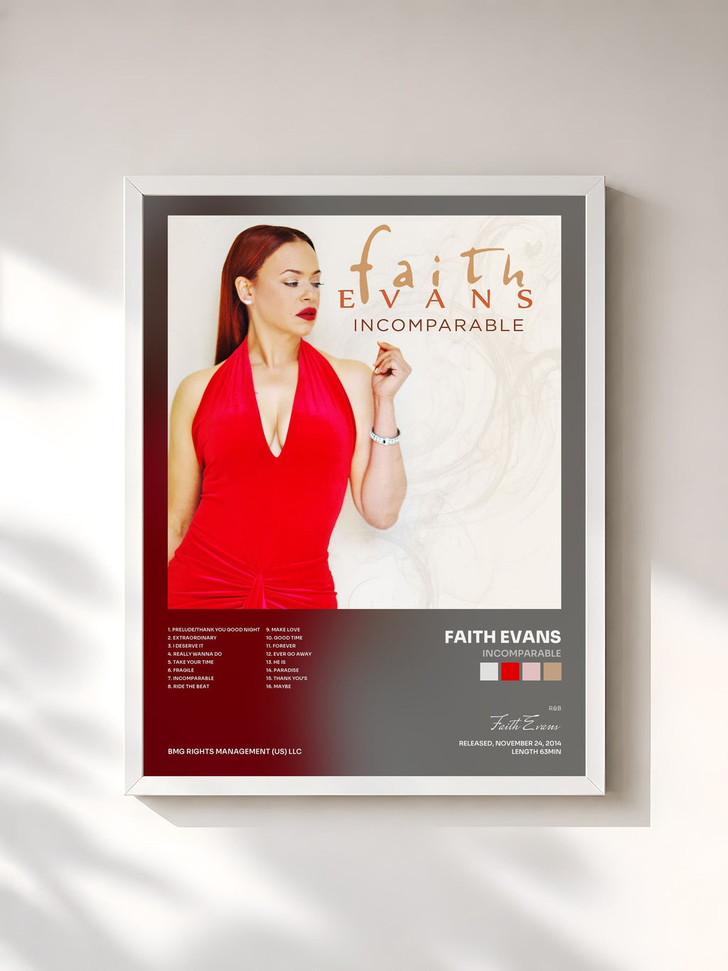 #blanc Tableau de l'album Incomparable de Faith Evans, cadre blanc, imprimé et encadré en France