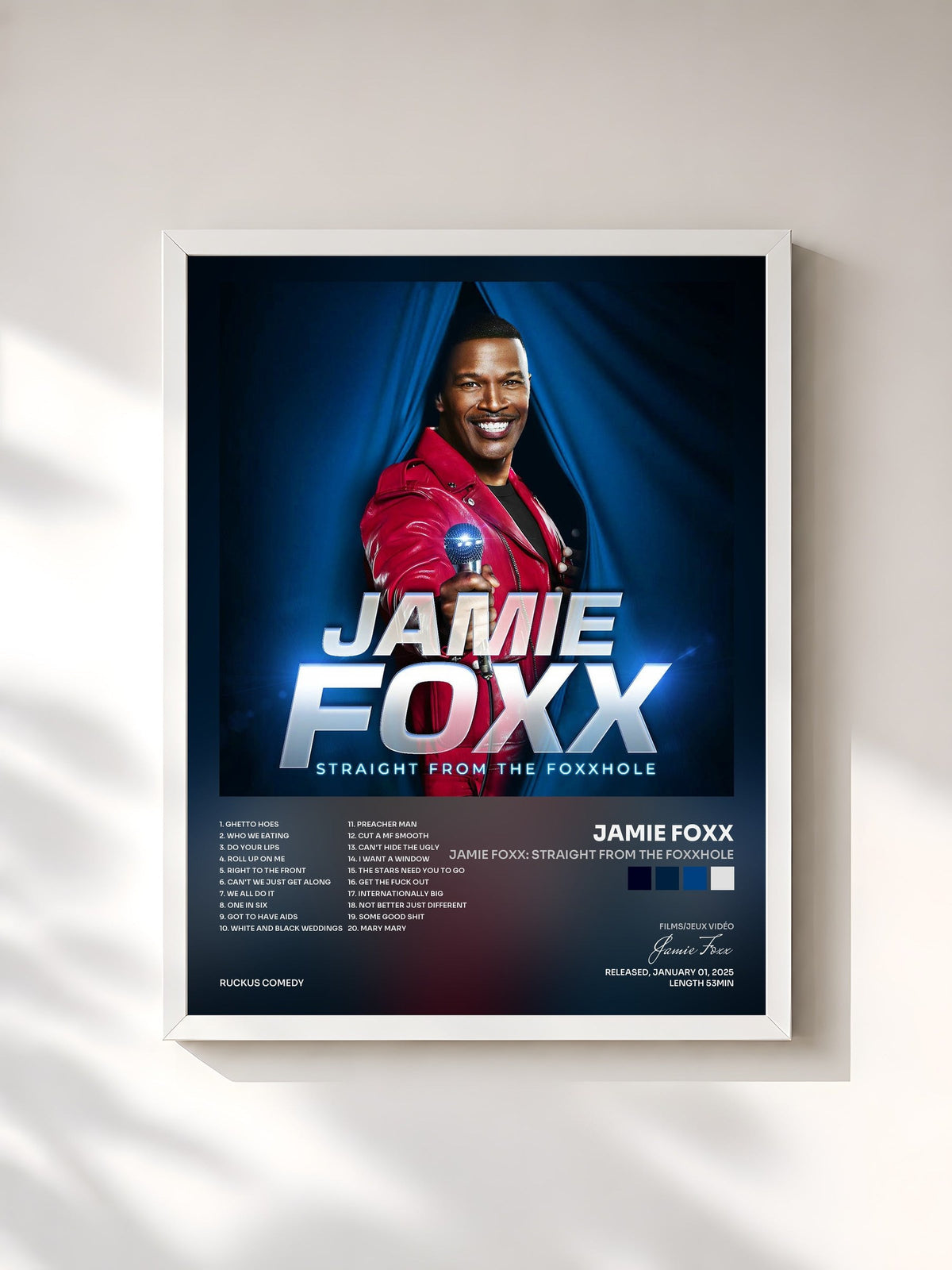 #blanc Tableau de l'album Jamie Foxx: Straight From The Foxxhole de Jamie Foxx, cadre blanc, imprimé et encadré en France