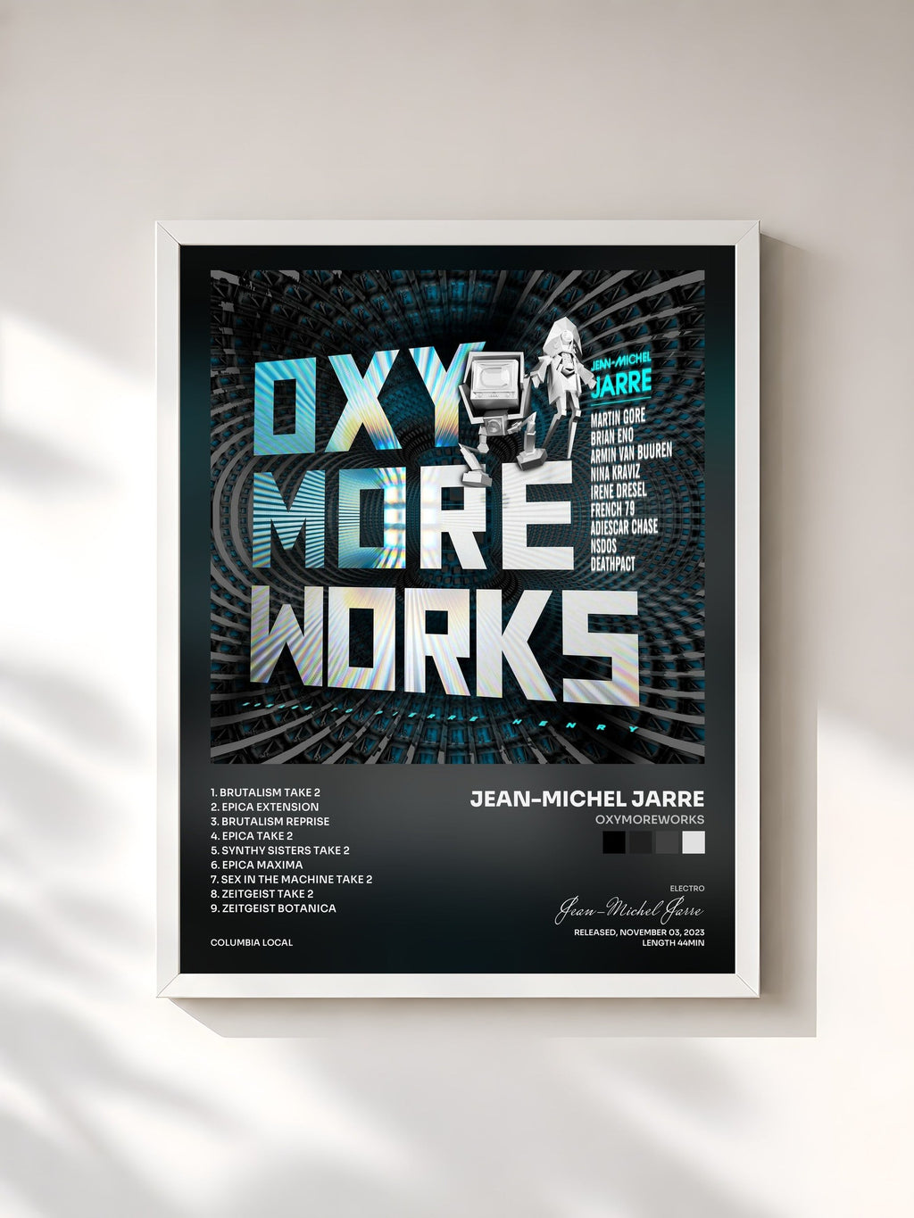 #blanc Tableau de l'album OXYMOREWORKS de Jean-Michel Jarre, cadre blanc, imprimé et encadré en France