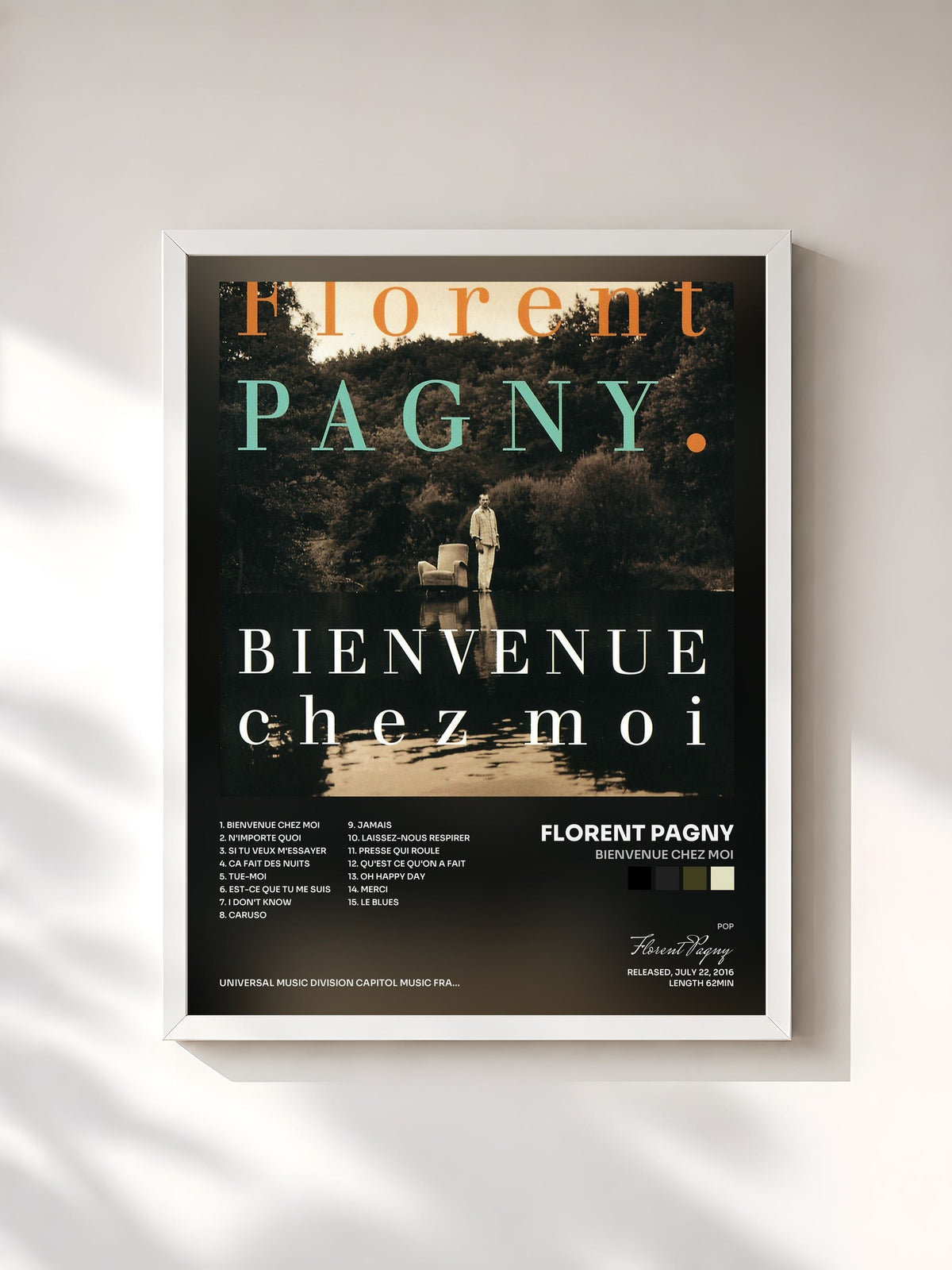 #blanc Tableau de l'album Bienvenue chez moi de Florent Pagny, cadre blanc, imprimé et encadré en France
