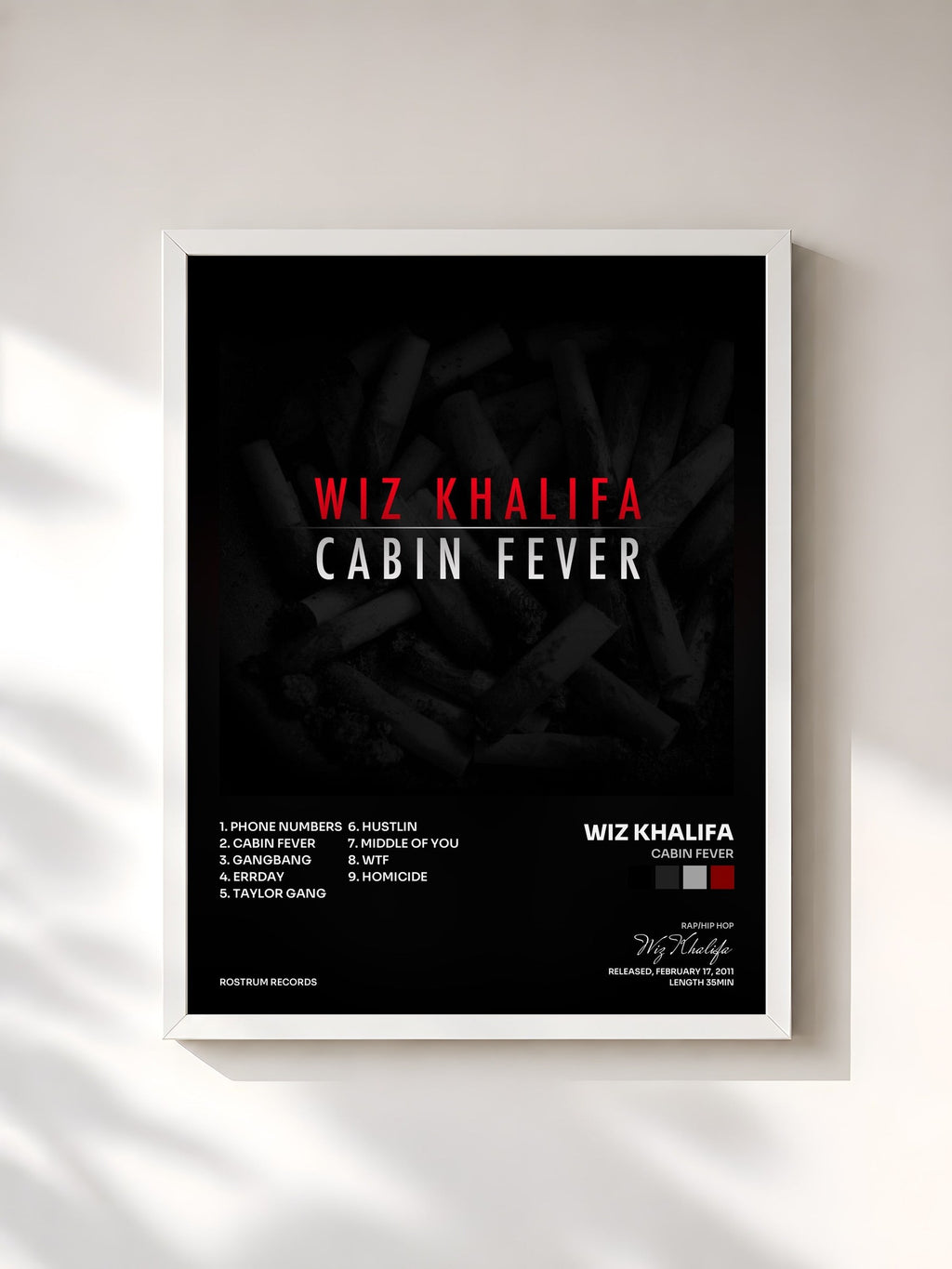 #blanc Tableau de l'album Cabin Fever de Wiz Khalifa, cadre blanc, imprimé et encadré en France