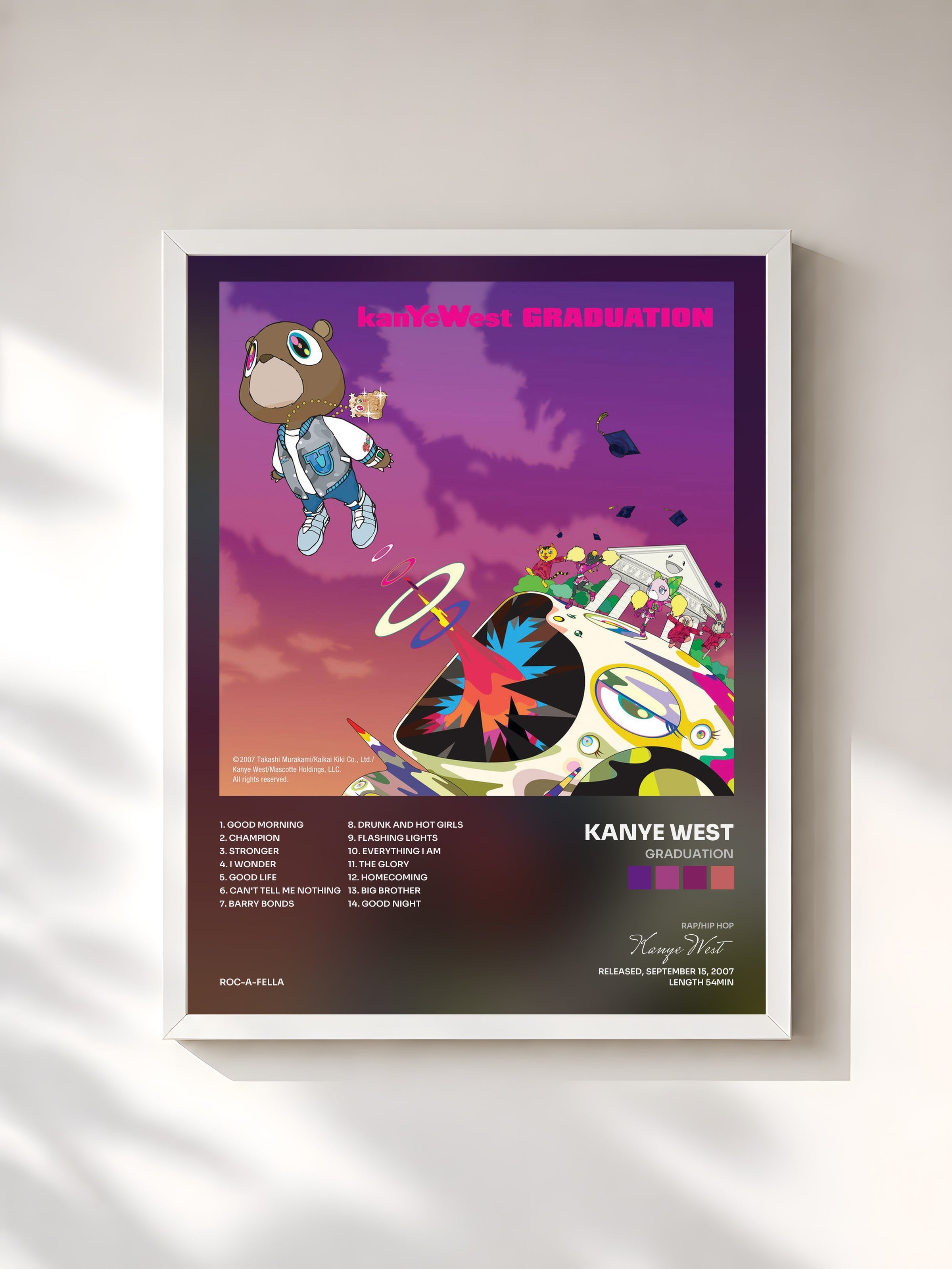 #blanc Tableau de l'album Graduation de Kanye West, cadre blanc, imprimé et encadré en France