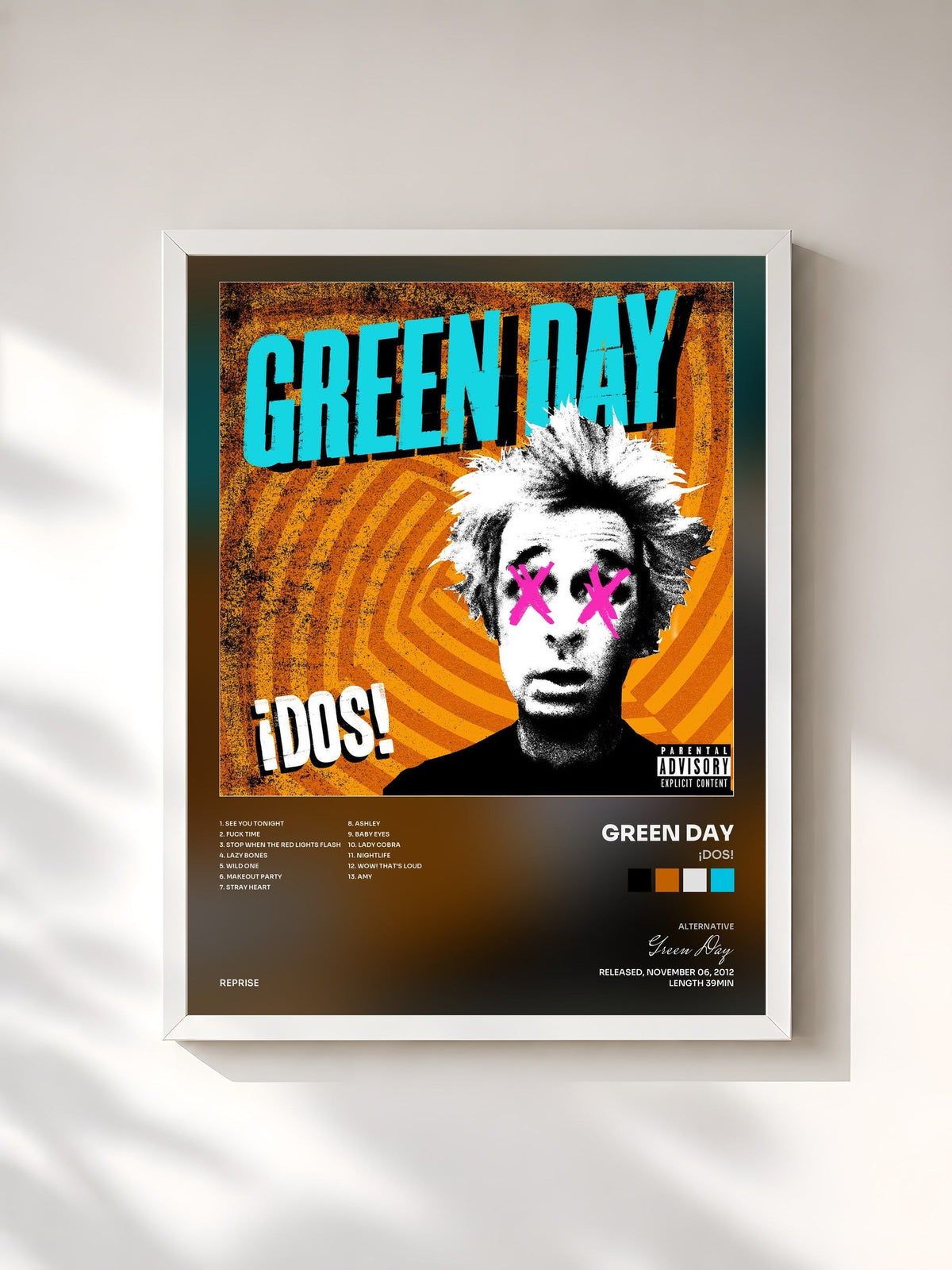 #blanc ¡DOS! de Green Day en lámina enmarcada, marco blanco, impresa y enmarcada en Francia