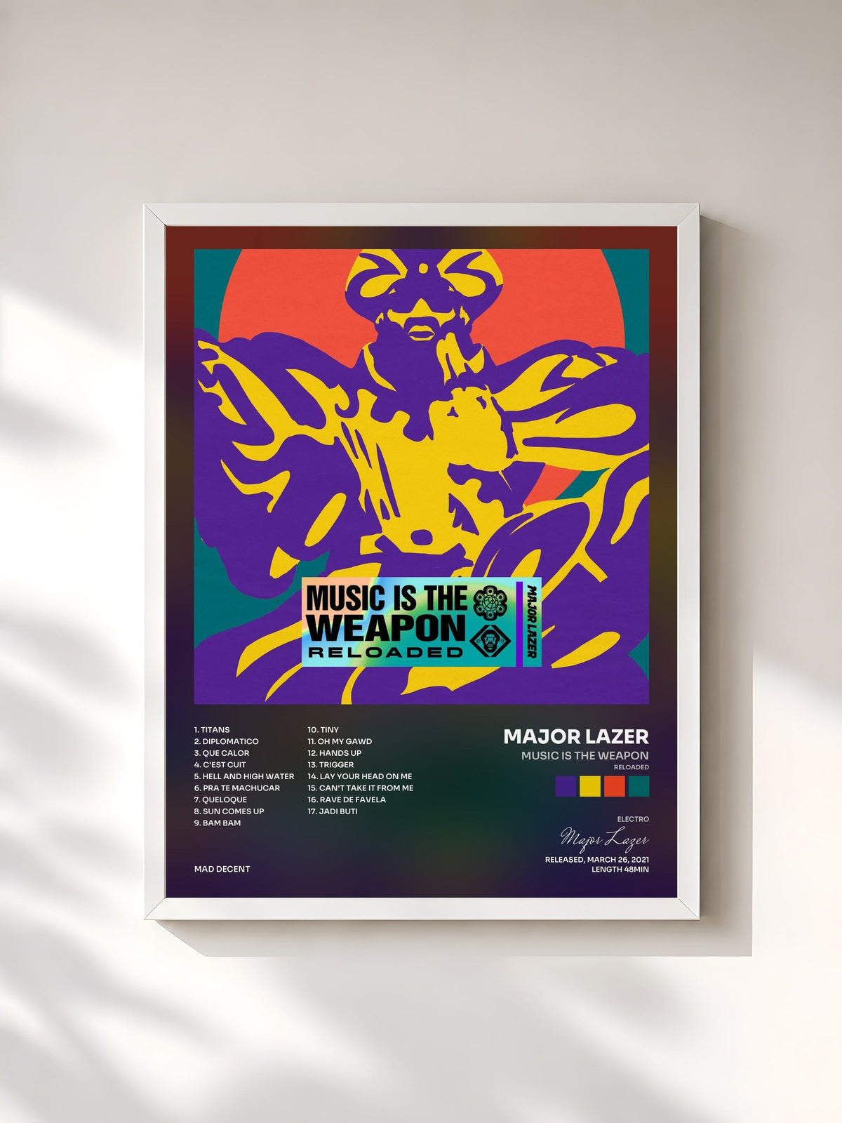 #blanc Tableau de l'album Music Is the Weapon (Reloaded) de Major Lazer, cadre blanc, imprimé et encadré en France