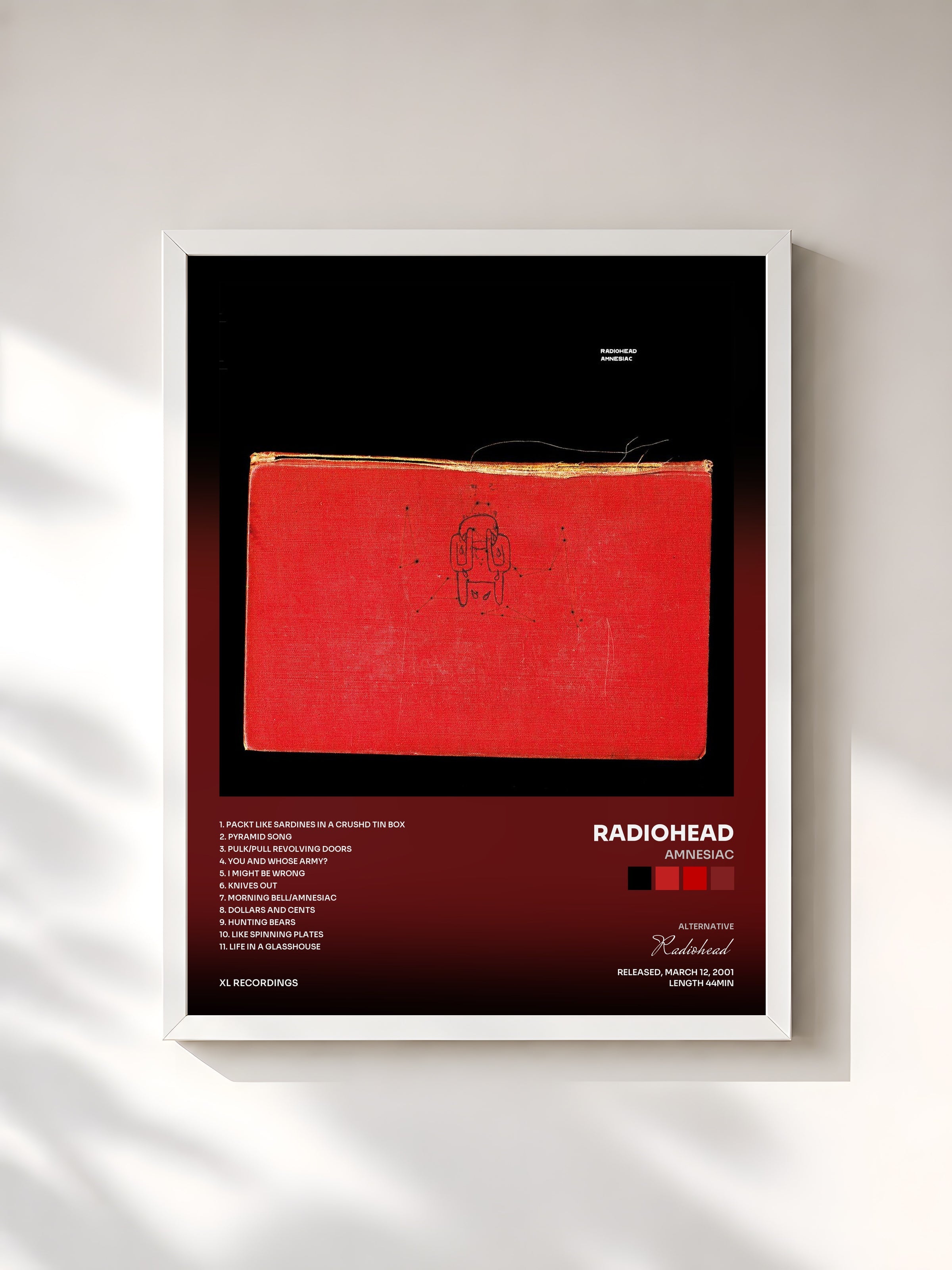 #blanc Amnesiac de Radiohead en lámina enmarcada, marco blanco, impresa y enmarcada en Francia