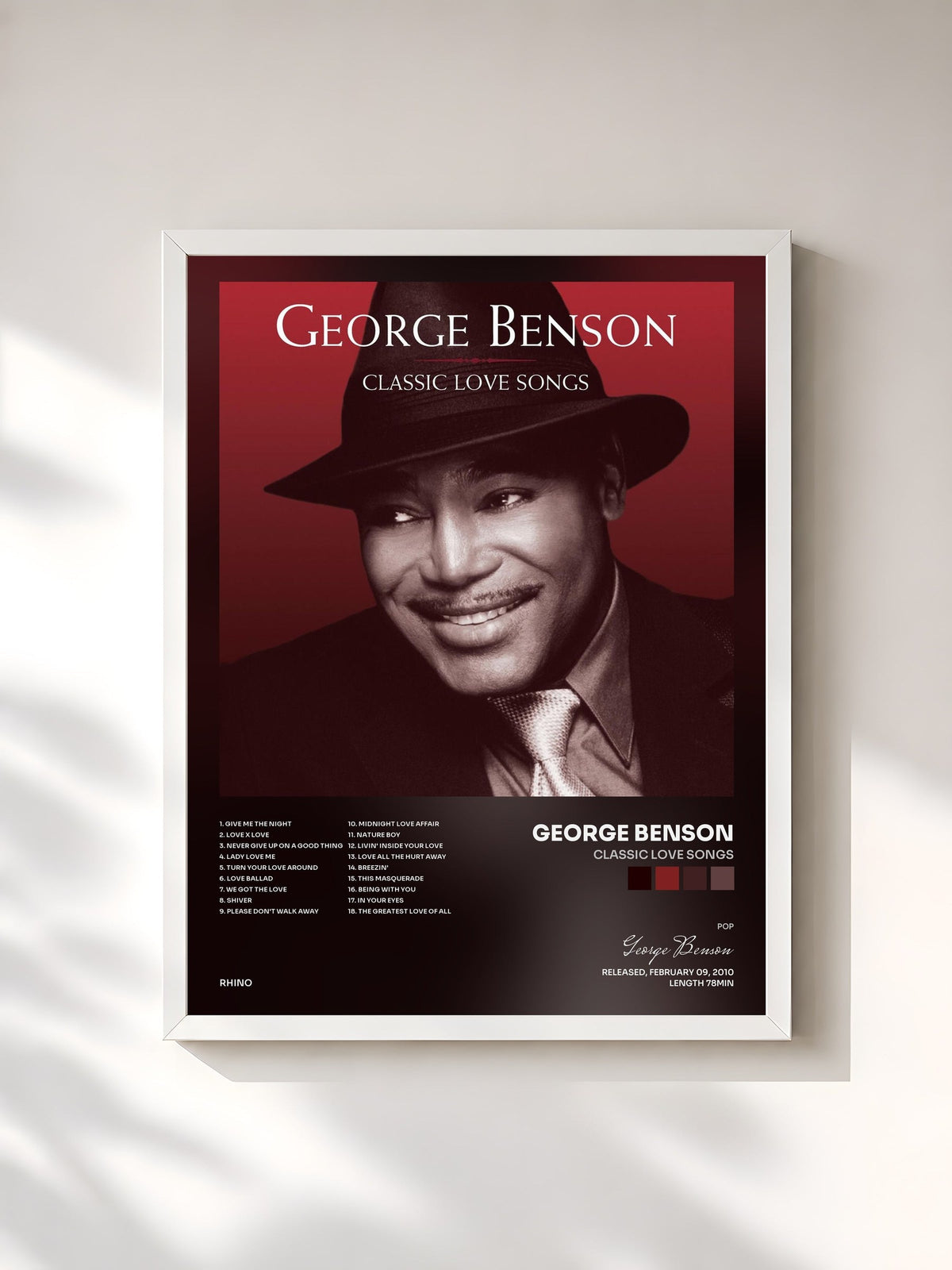 #blanc Tableau de l'album Classic Love Songs de George Benson, cadre blanc, imprimé et encadré en France