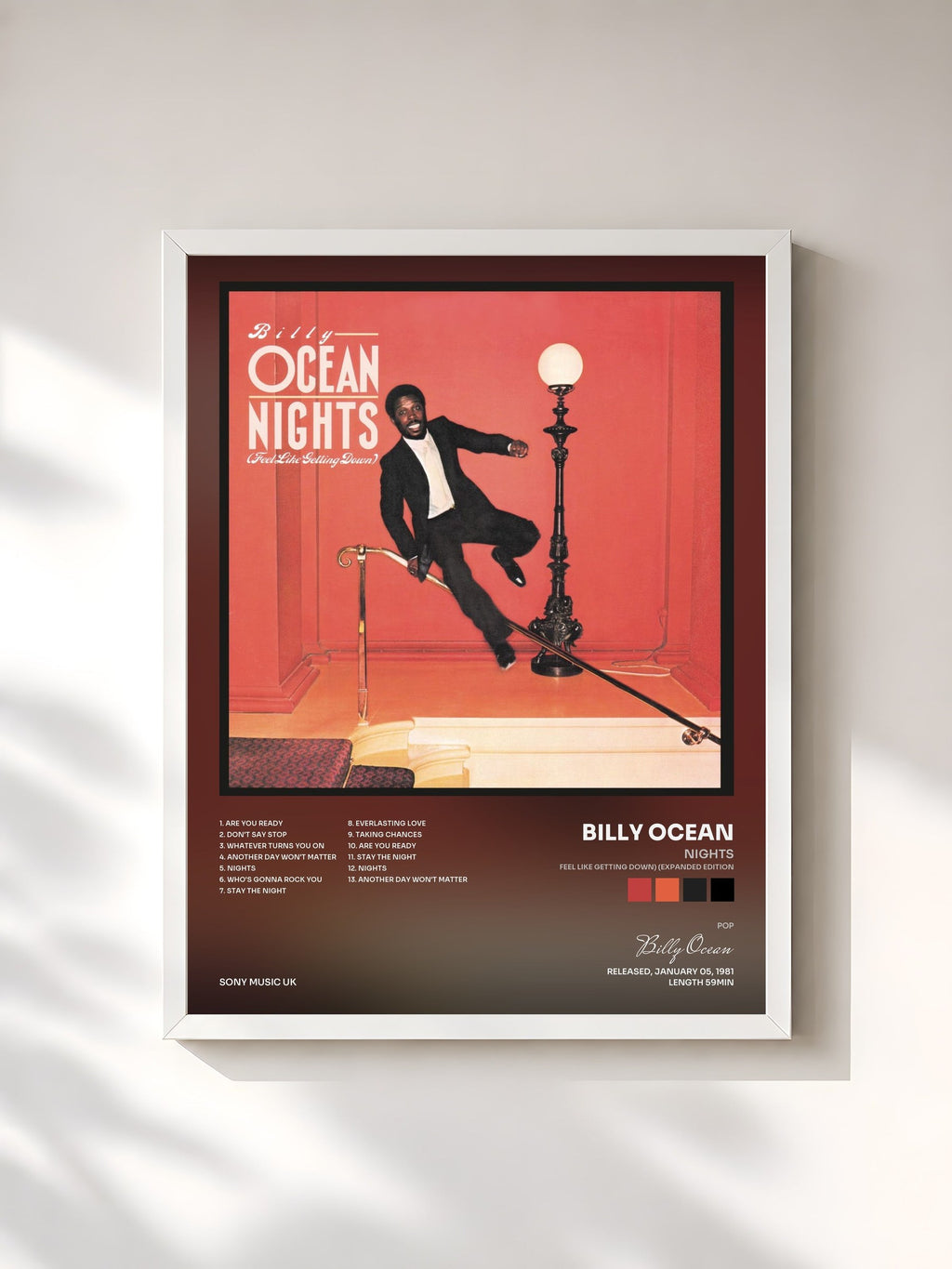 #blanc Tableau de l'album Nights (Feel Like Getting Down) (Expanded Edition) de Billy Ocean, cadre blanc, imprimé et encadré en France