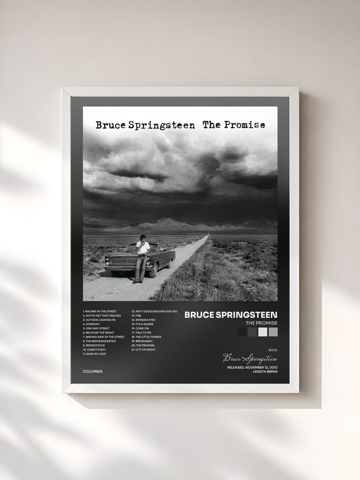 #blanc Tableau de l'album The Promise de Bruce Springsteen, cadre blanc, imprimé et encadré en France