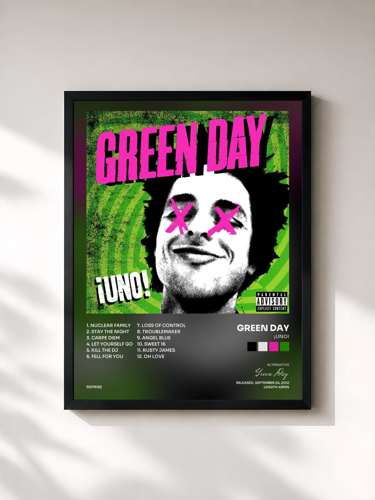 #noir ¡UNO! de Green Day en lámina enmarcada, marco negro, impresa y enmarcada en Francia