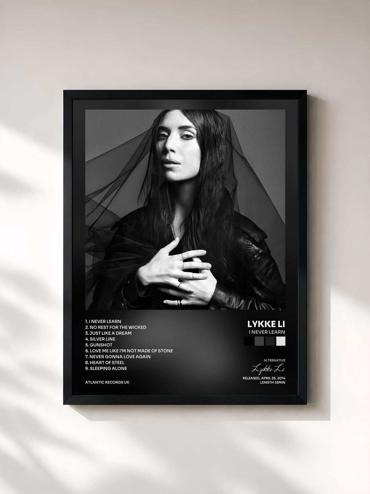 #noir Tableau de l'album I Never Learn de Lykke Li, cadre noir, imprimé et encadré en France