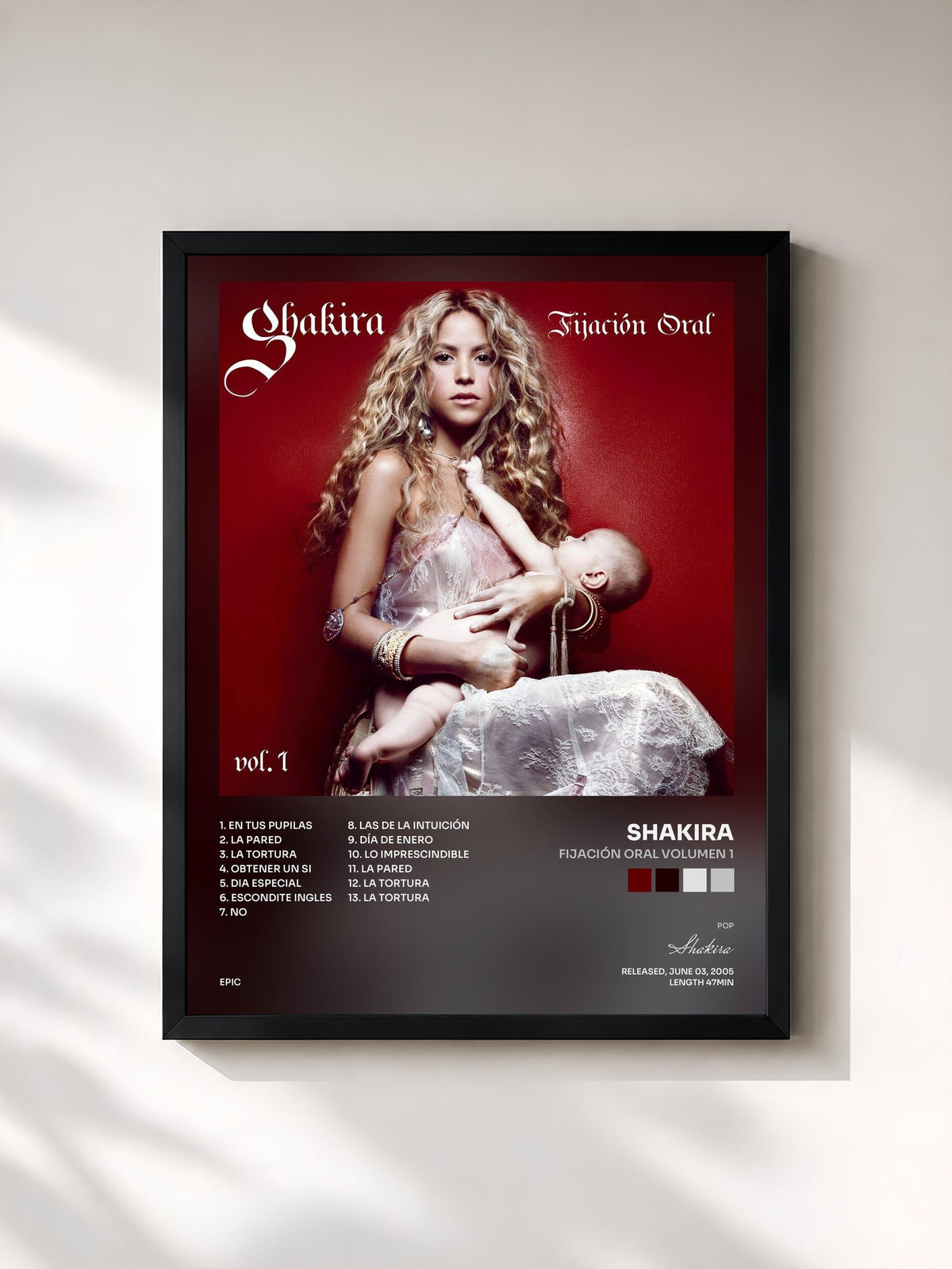 #noir Tableau de l'album Fijación Oral Volumen 1 de Shakira, cadre noir, imprimé et encadré en France