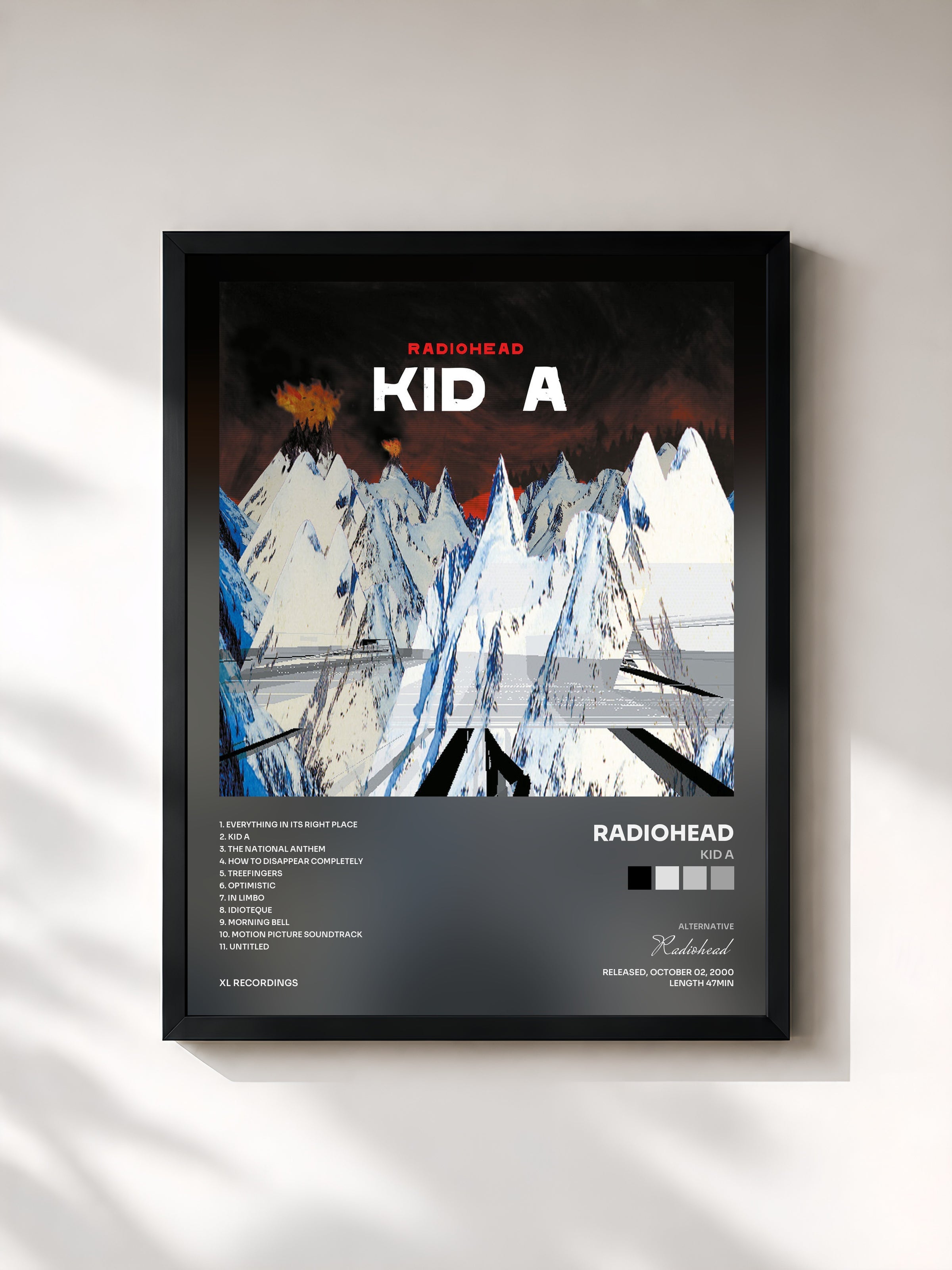 #noir Kid A by Radiohead as a framed art print, black frame, printed and framed in France