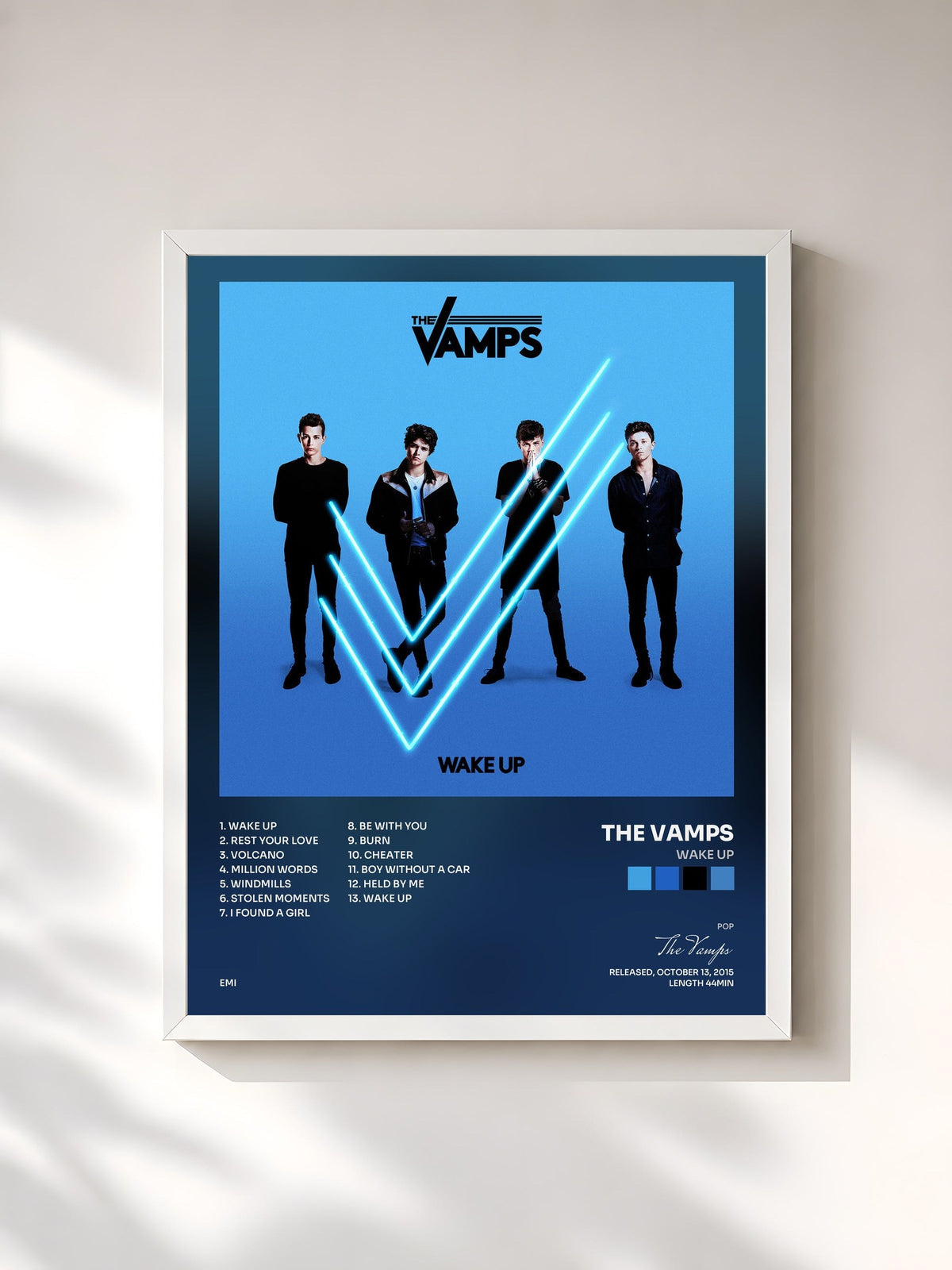 #blanc Tableau de l'album Wake Up de The Vamps, cadre blanc, imprimé et encadré en France