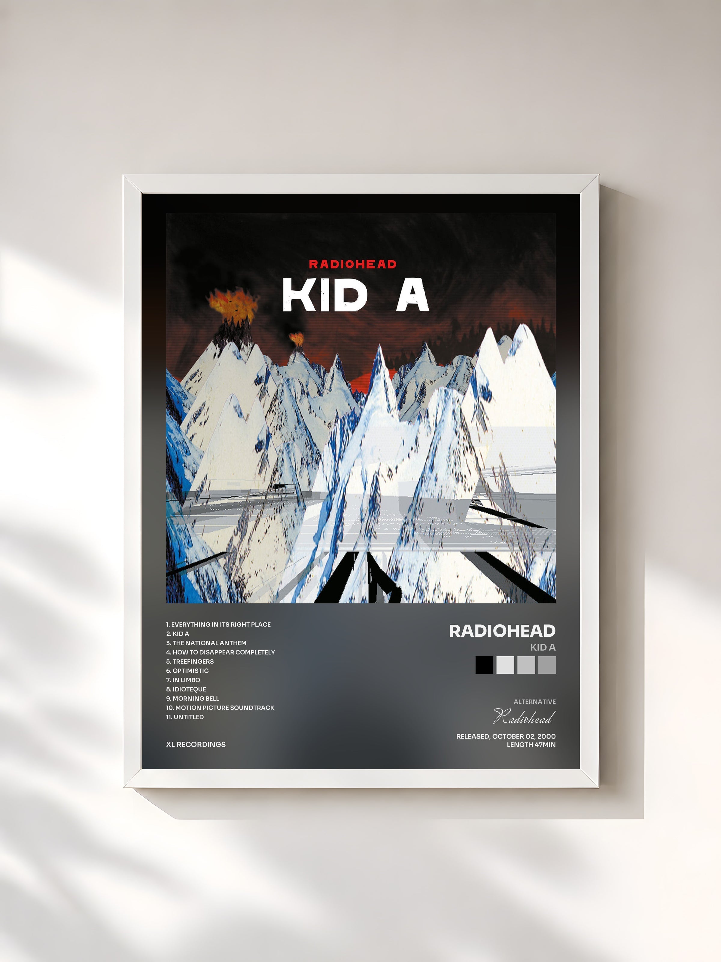 #blanc Kid A by Radiohead as a framed art print, white frame, printed and framed in France